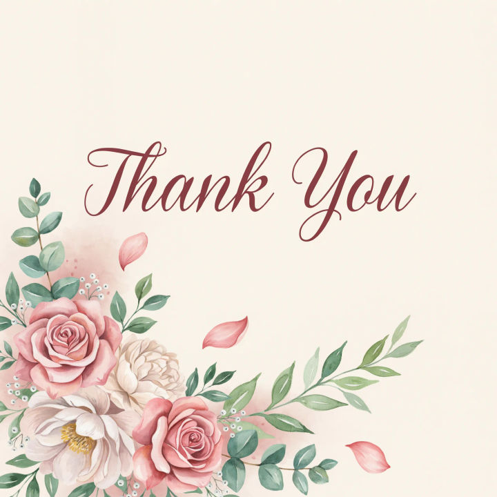 Cartão virtual de agradecimento com flores em aquarela e saudação em letra cursiva elegante