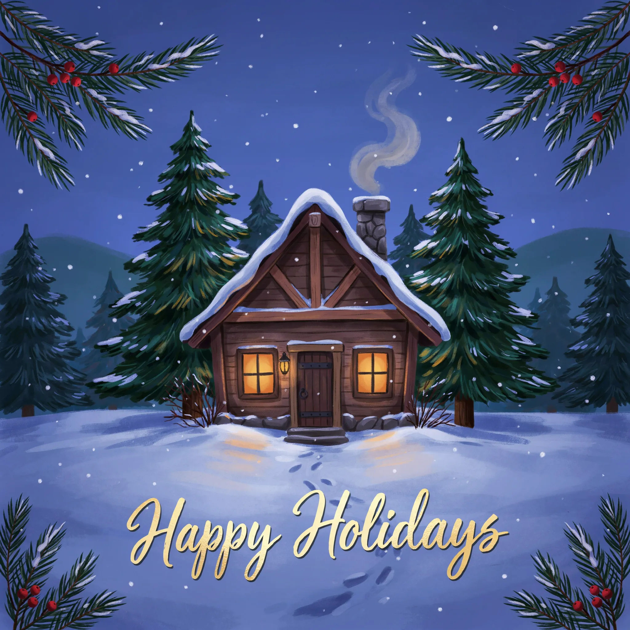 Holiday eCard with a cozy snowy cabin and a seasonal greeting