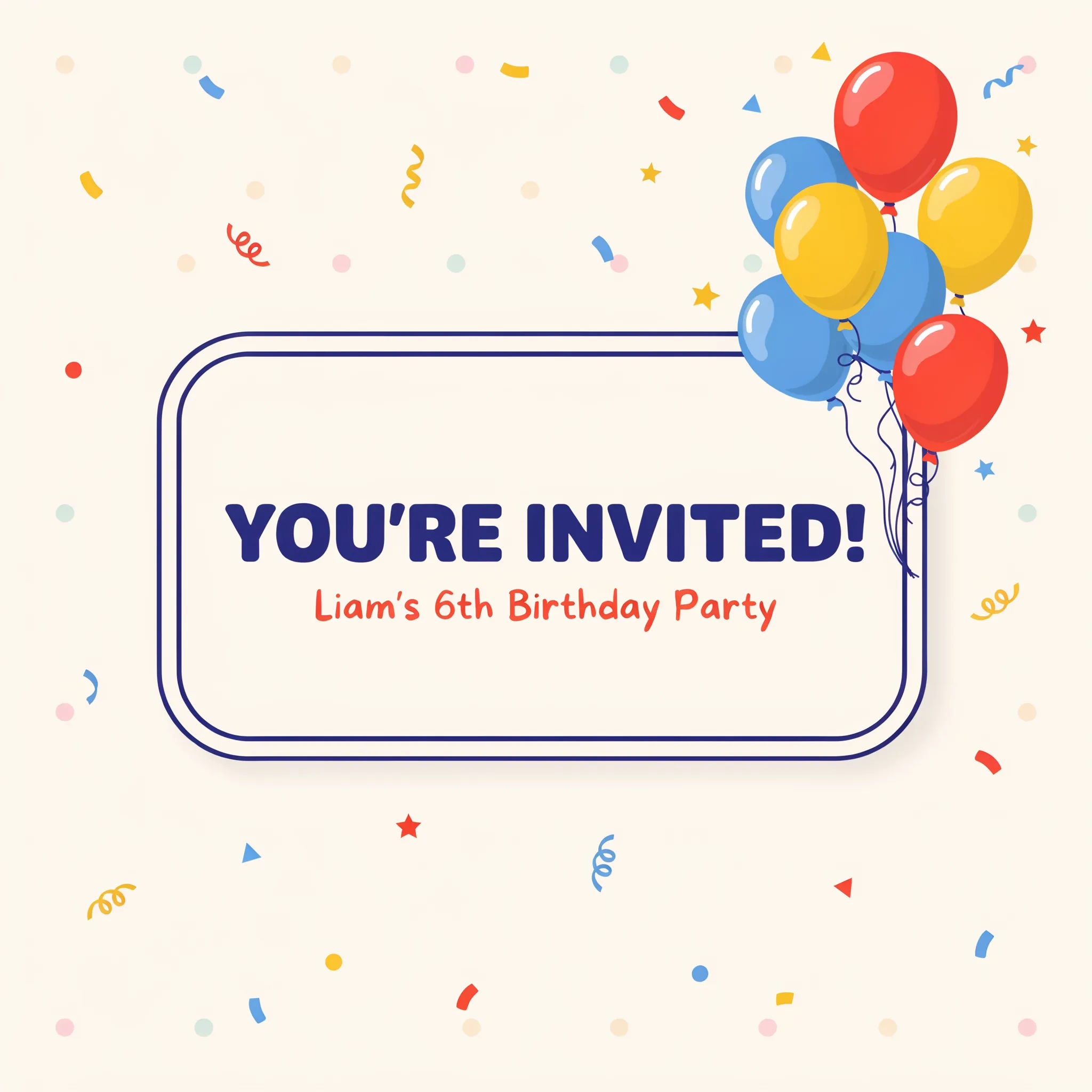 Playful kids birthday invitation with confetti and balloons