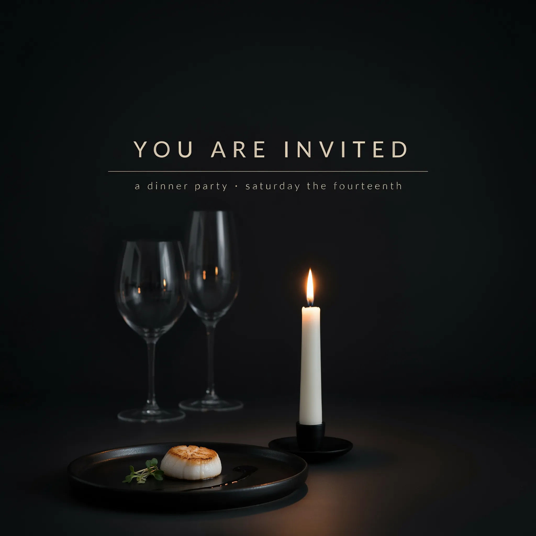 Moody modern dinner party email invitation with candlelight tones