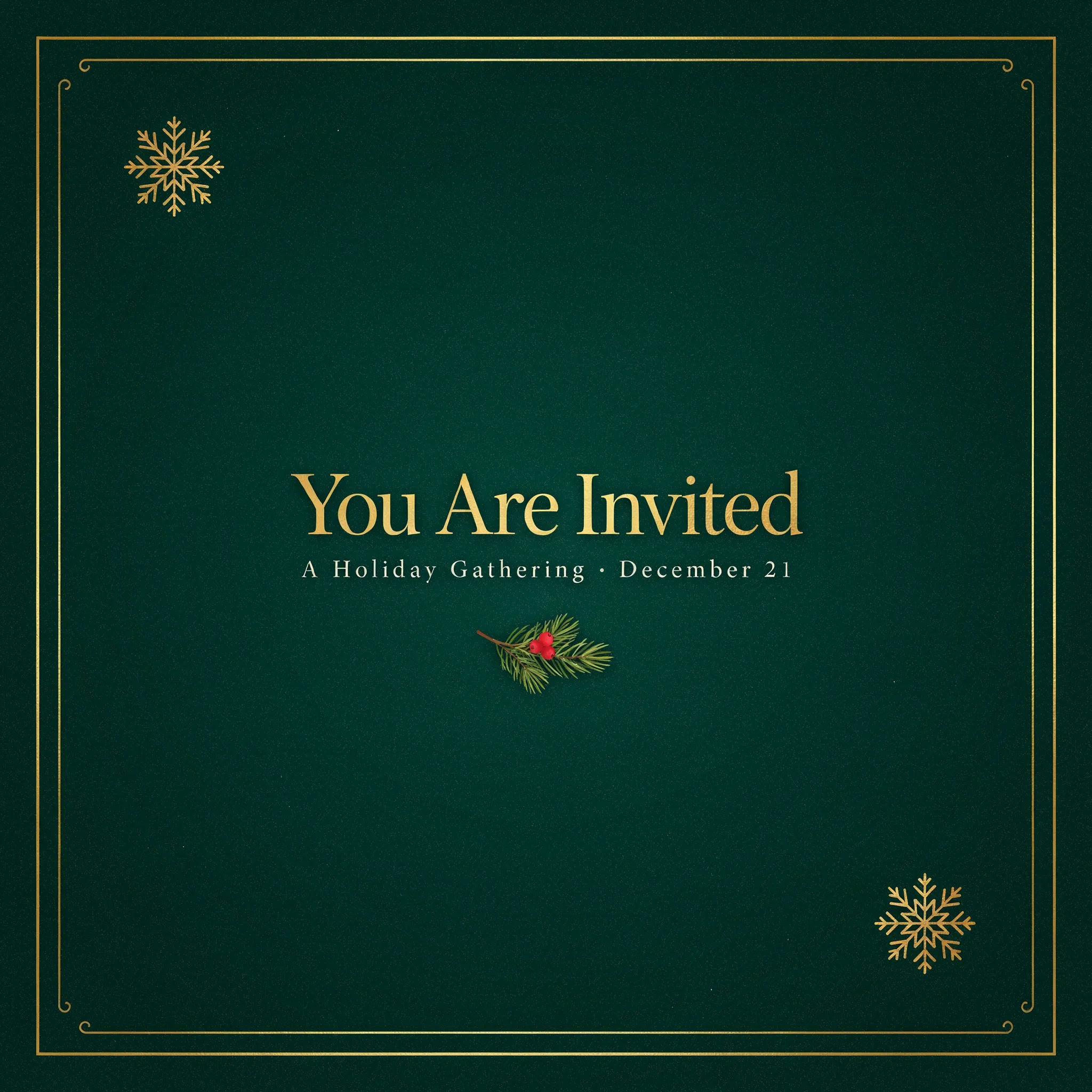 Cozy holiday gathering email invitation in evergreen and gold