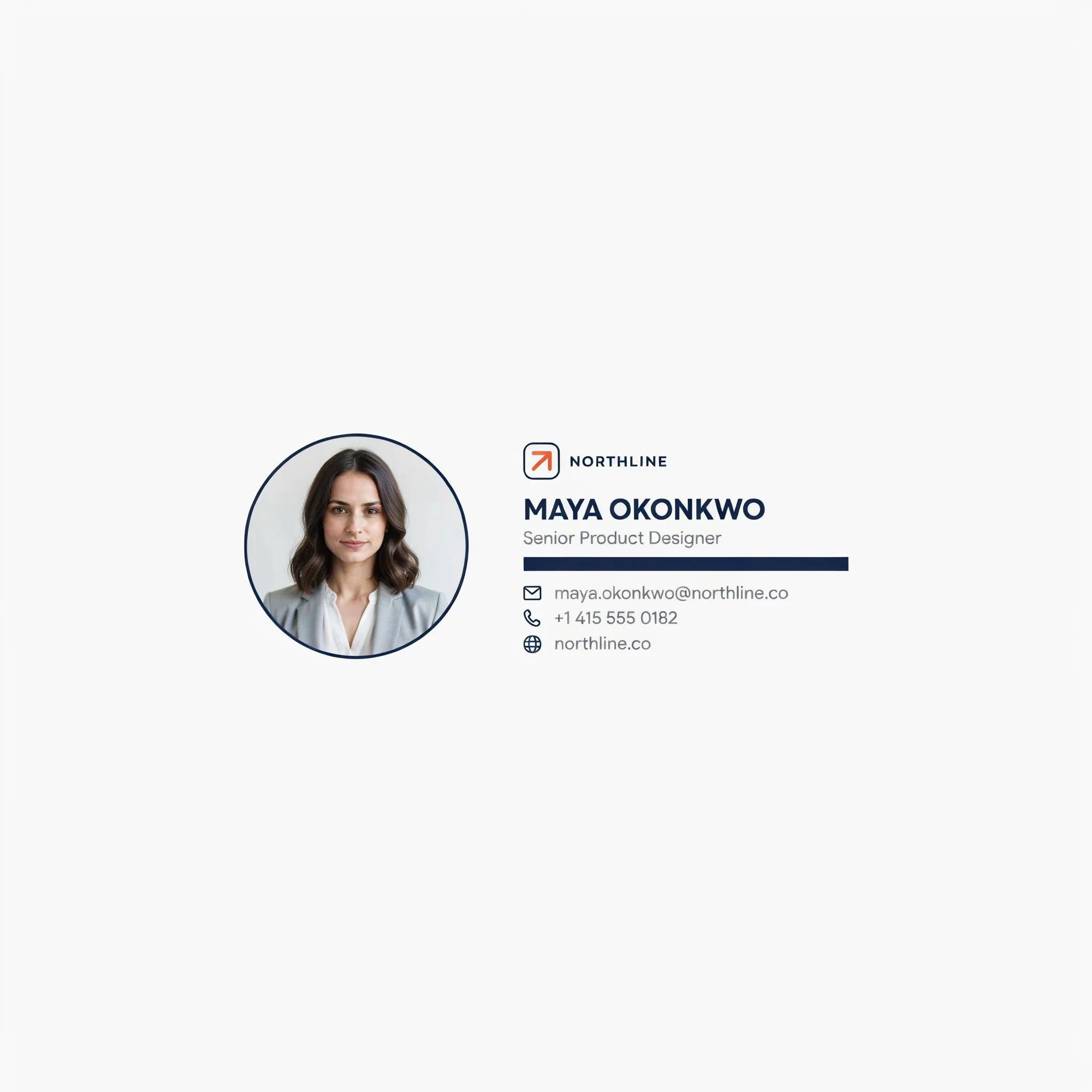 Modern email signature with a round headshot, logo, name, and navy accent bar