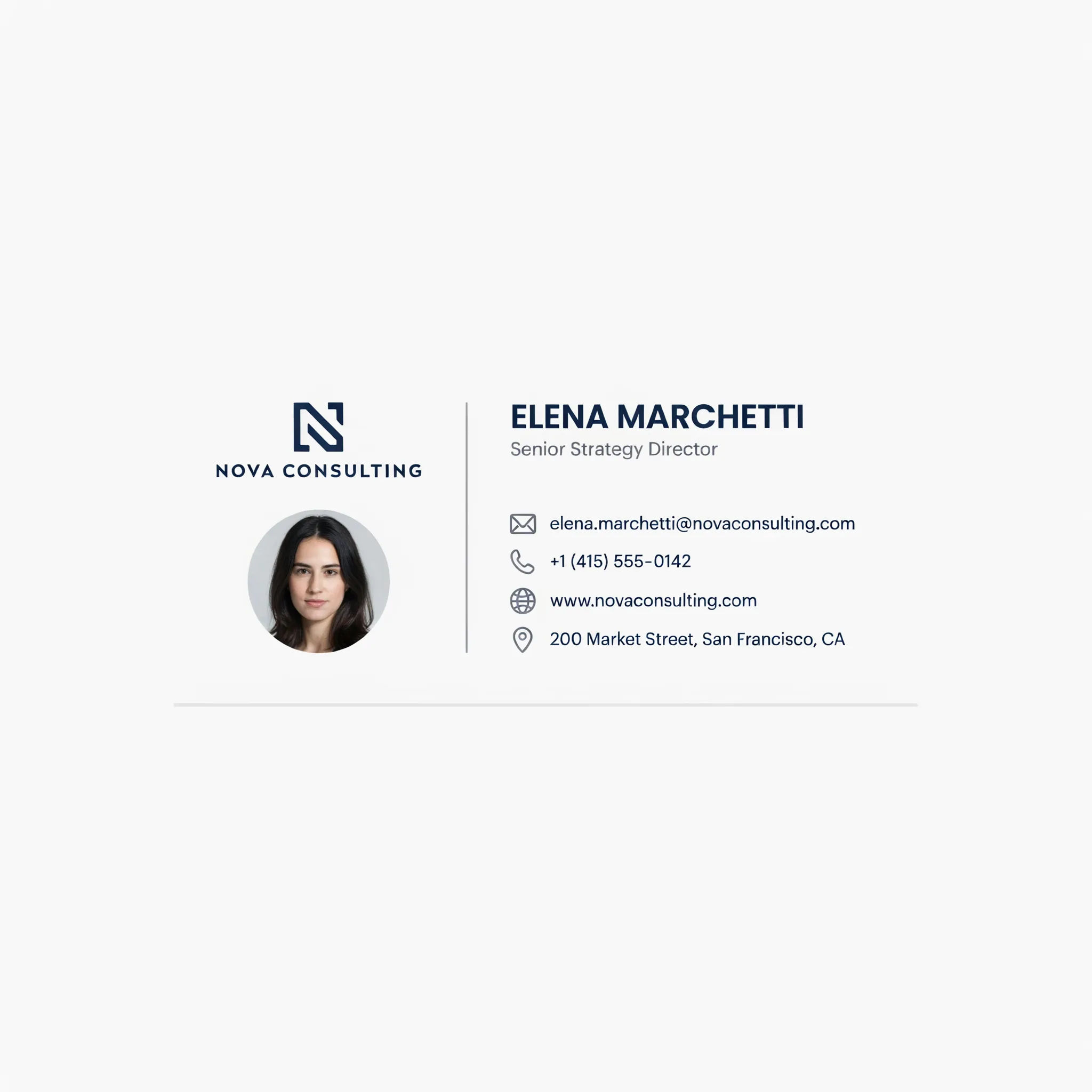 Corporate two-column email signature in navy and gray with a logo and headshot