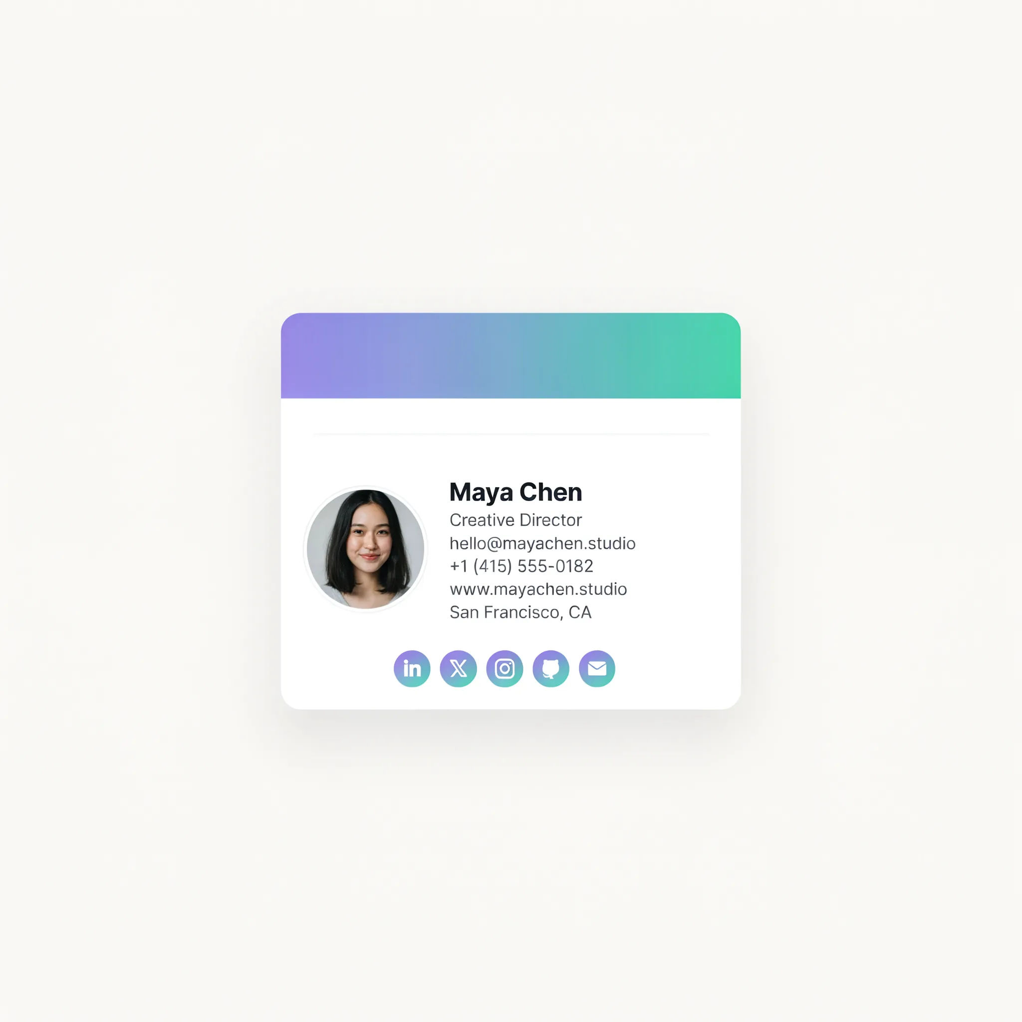 Creative email signature with a purple-to-teal gradient bar and social icons