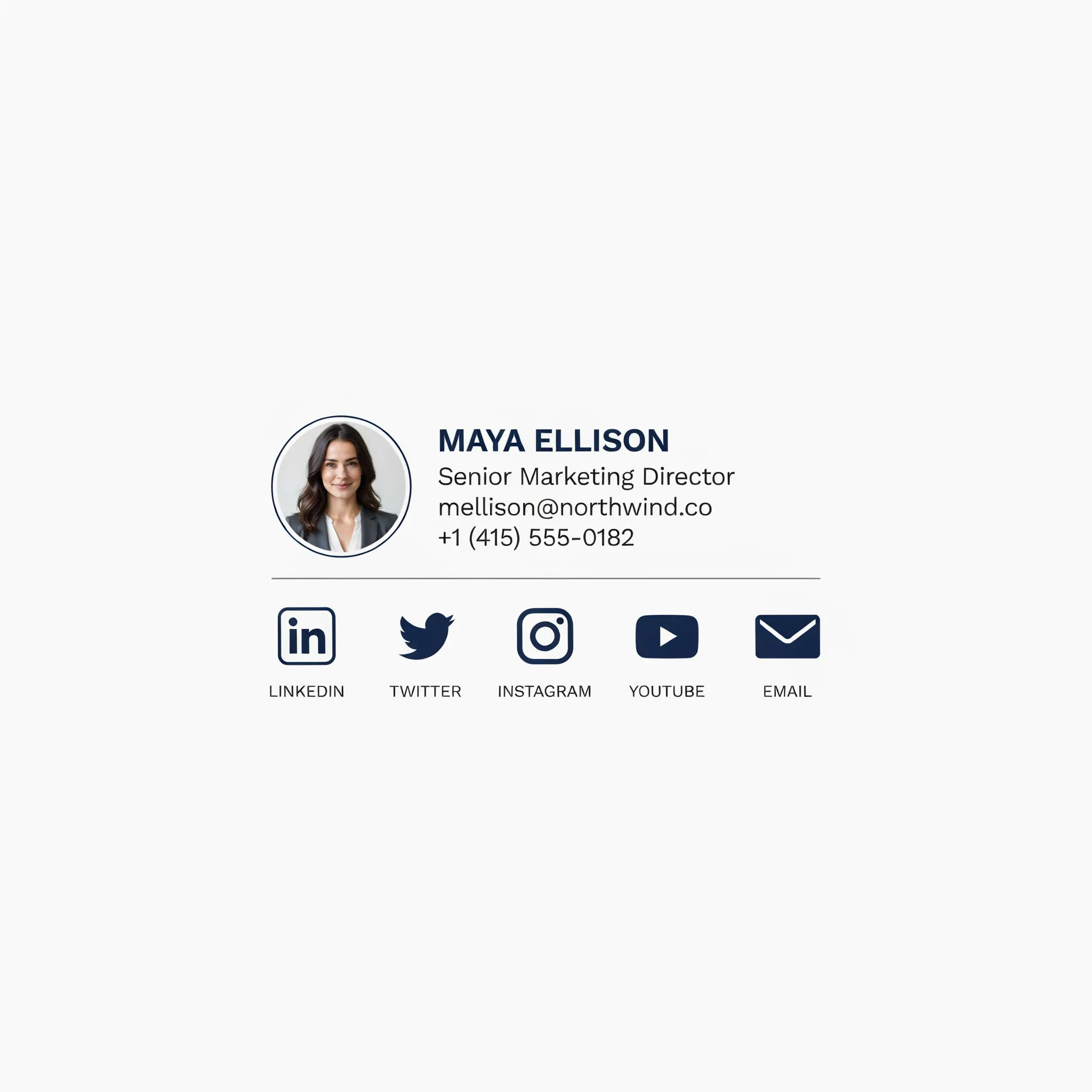 Clean email signature with a round headshot and a row of social icons