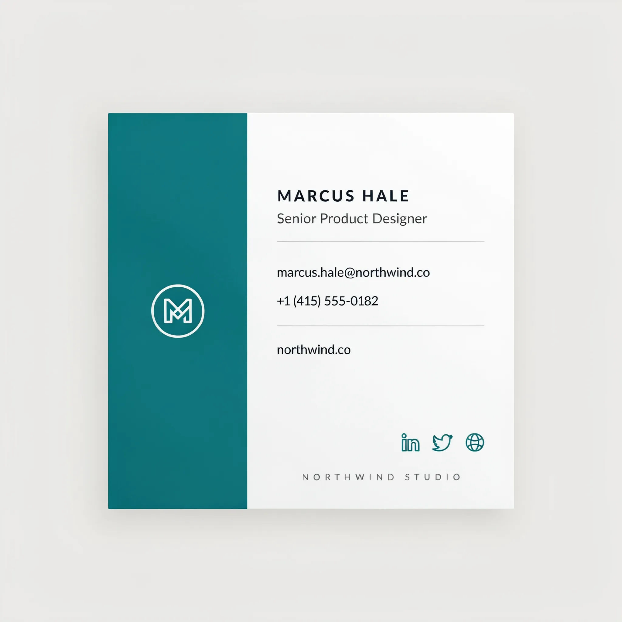 Email signature with a bold brand-colored side panel and a reversed white logo
