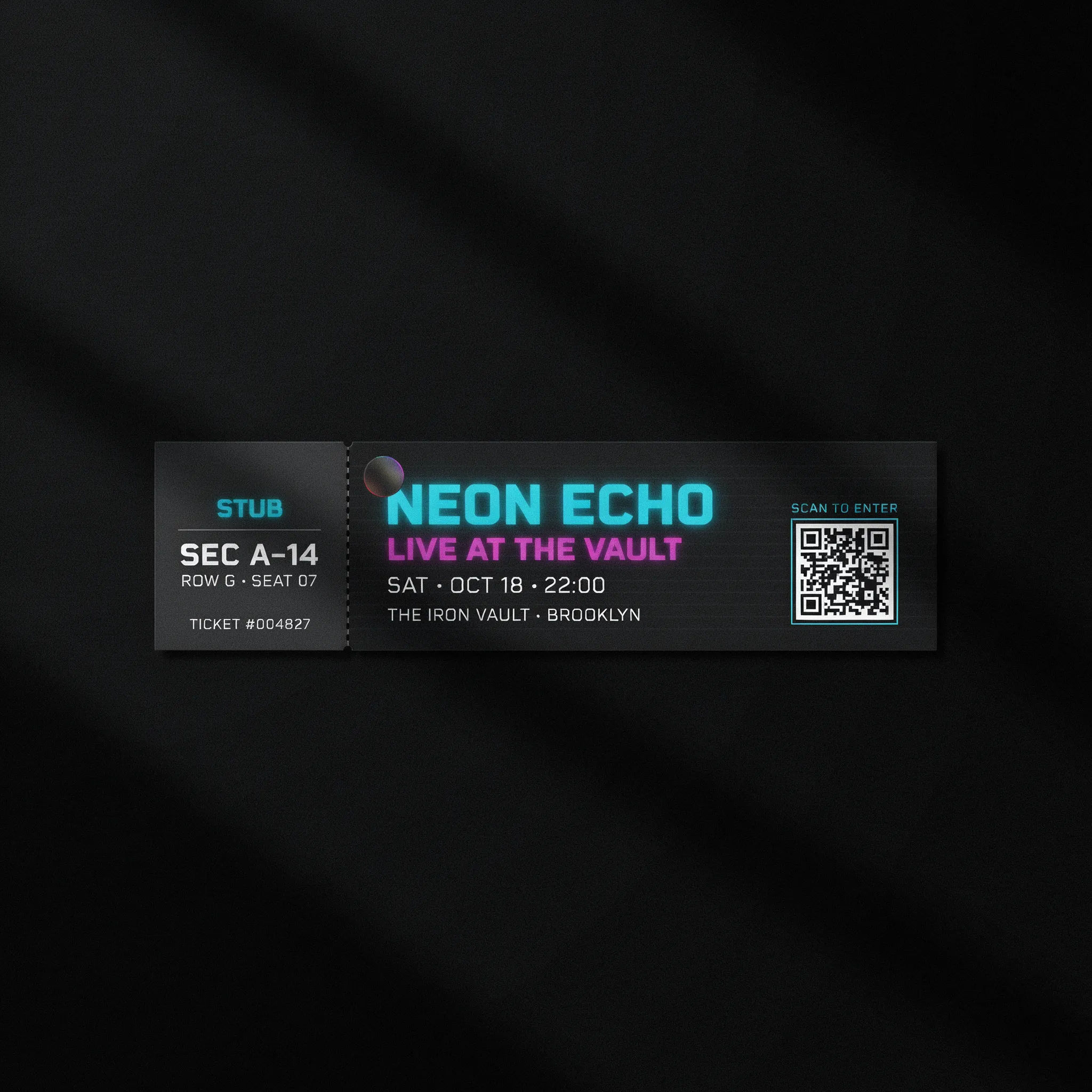 Concert event ticket with neon type on black and a tear-off stub