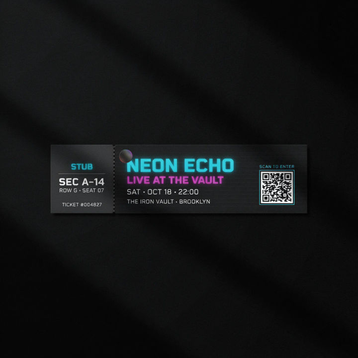 Ingresso de show com letras em neon sobre fundo preto e canhoto destacável