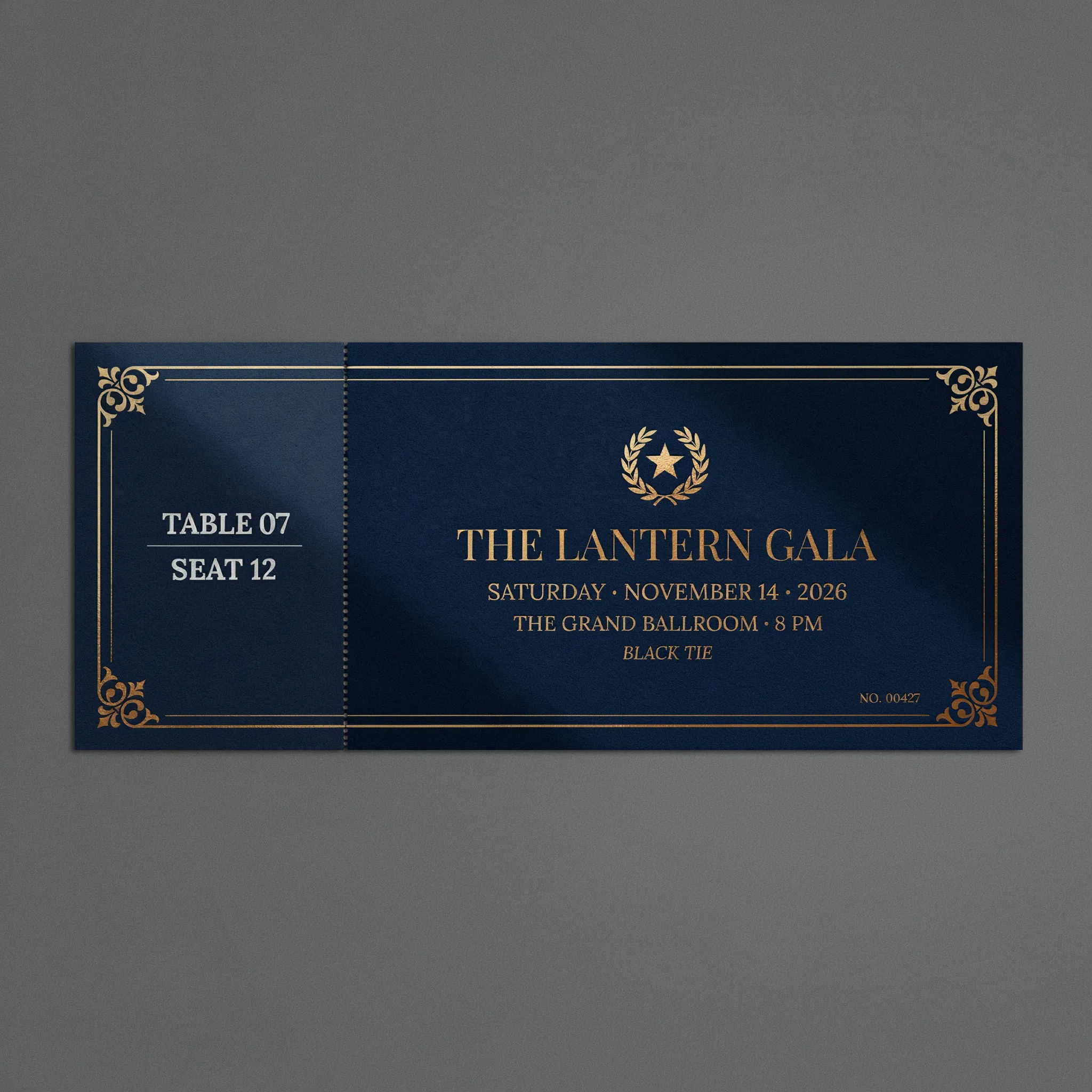 Elegant gala event ticket in navy and gold with a stub