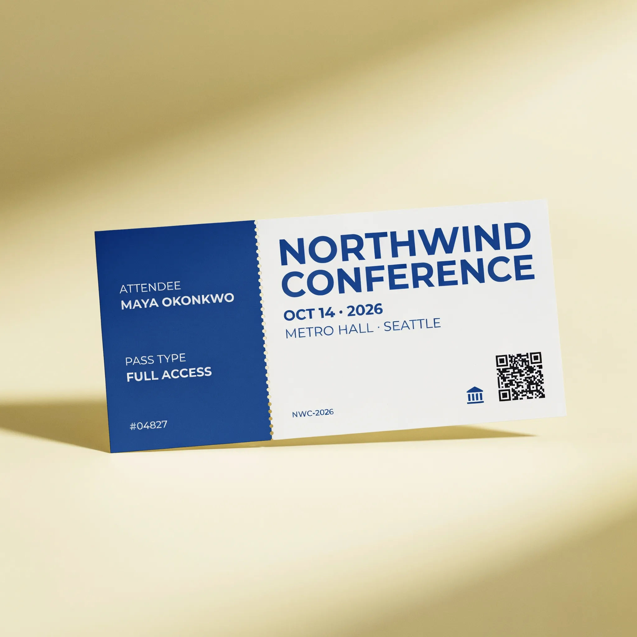 Conference event ticket in blue and white with QR code space