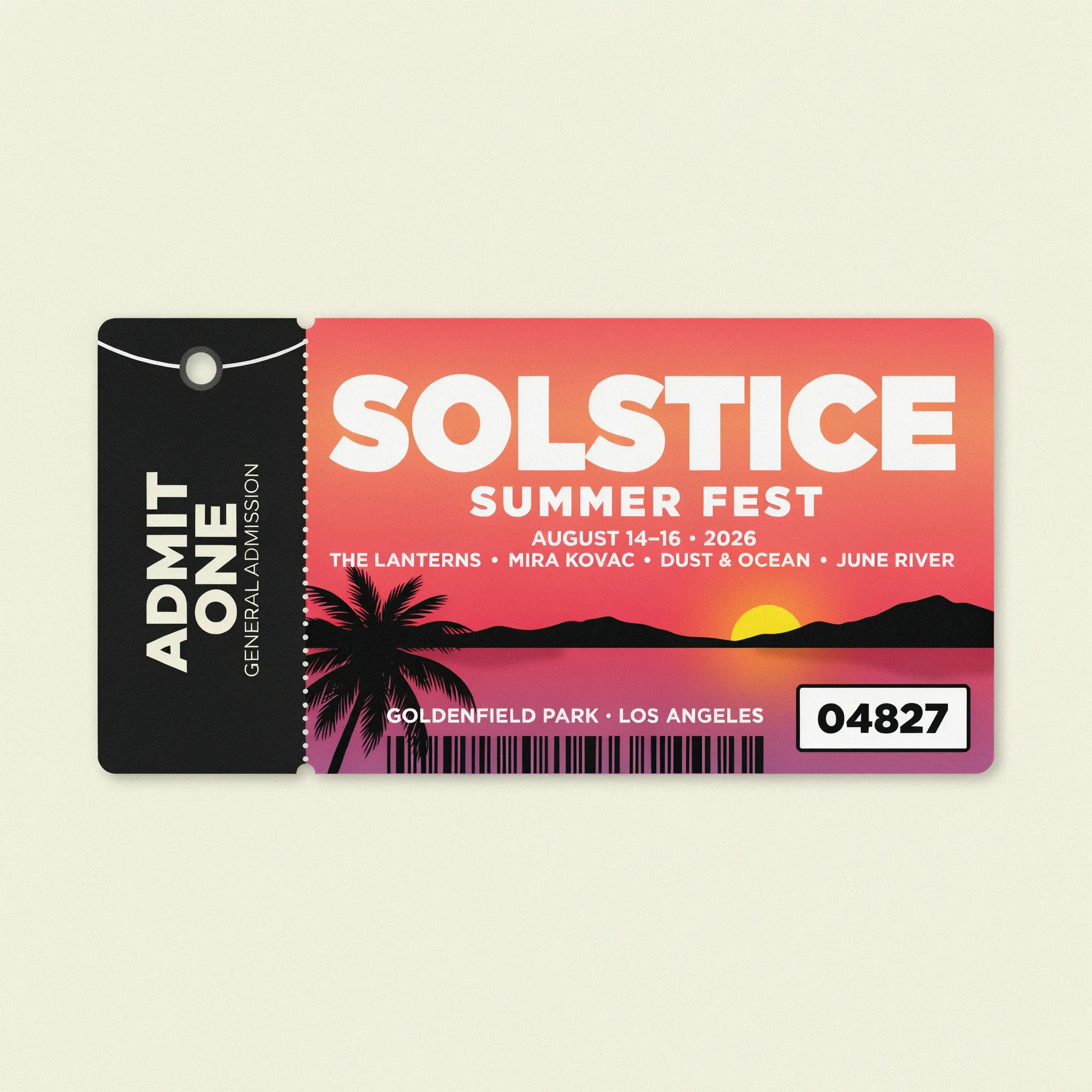 Festival event ticket with sunset gradient and wristband-style stub