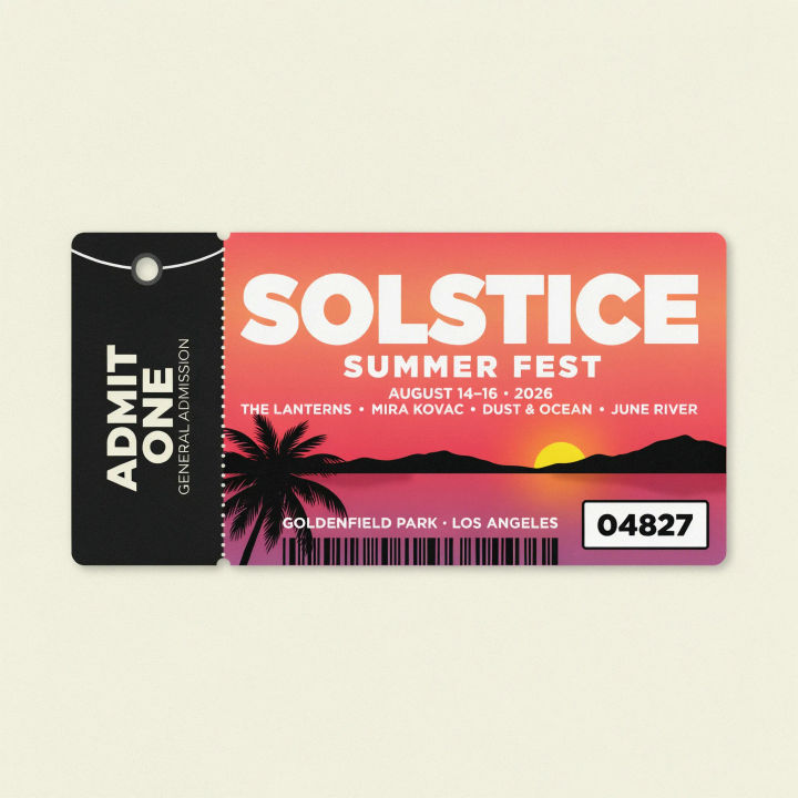Ingresso de festival com degradê de pôr do sol e canhoto estilo pulseira
