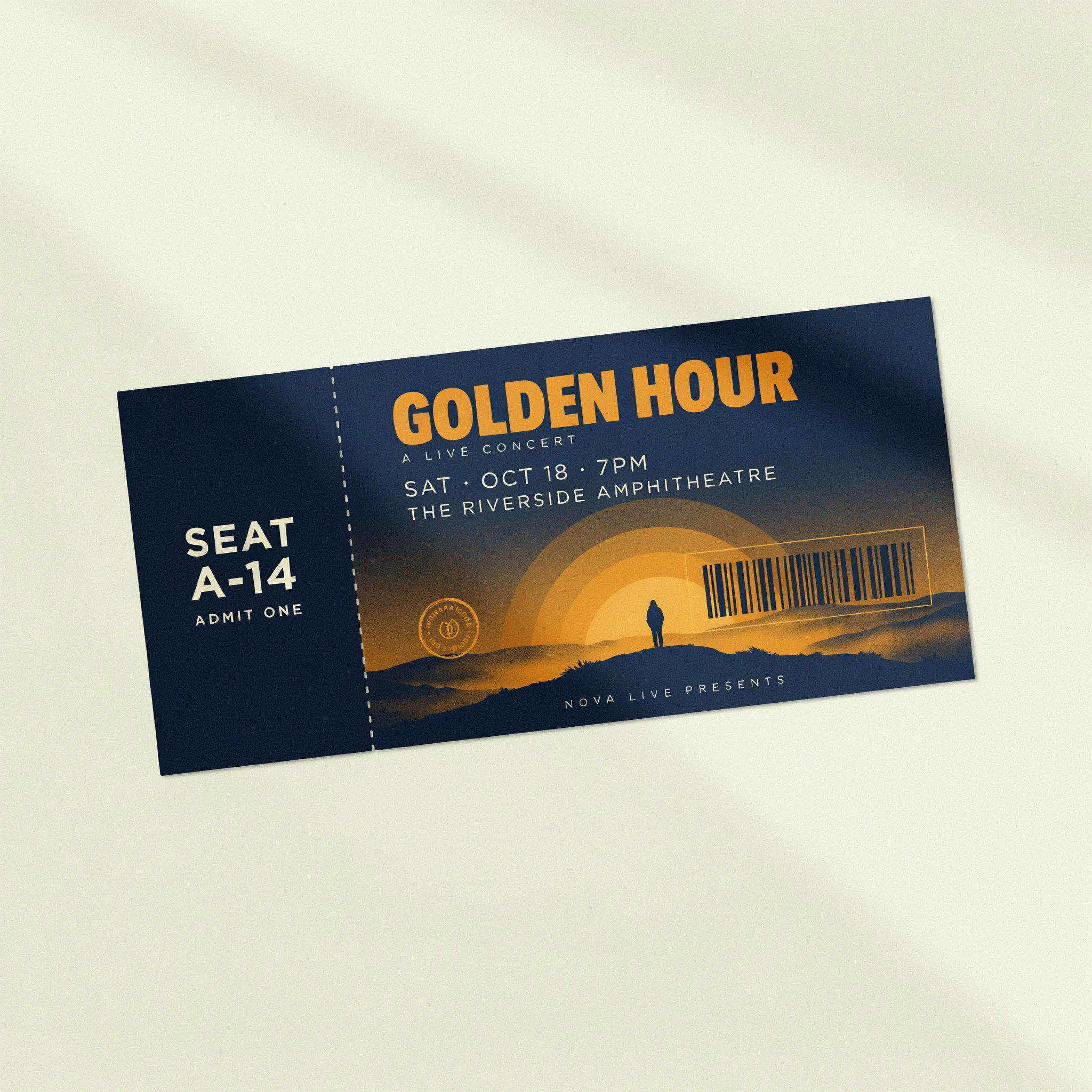 Event ticket matching a duotone poster with a tear-off stub and barcode space