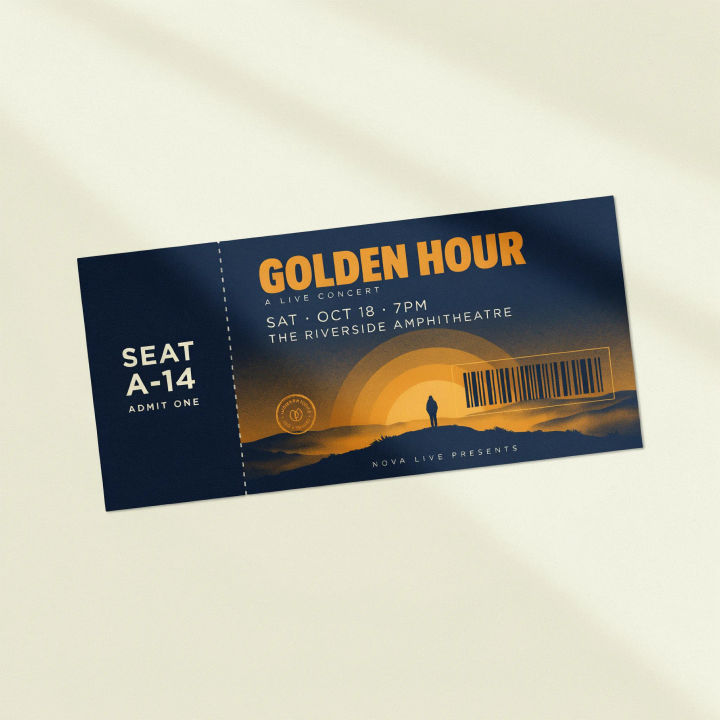 Ingresso combinando com um cartaz em duas cores, com canhoto destacável e espaço para código de barras