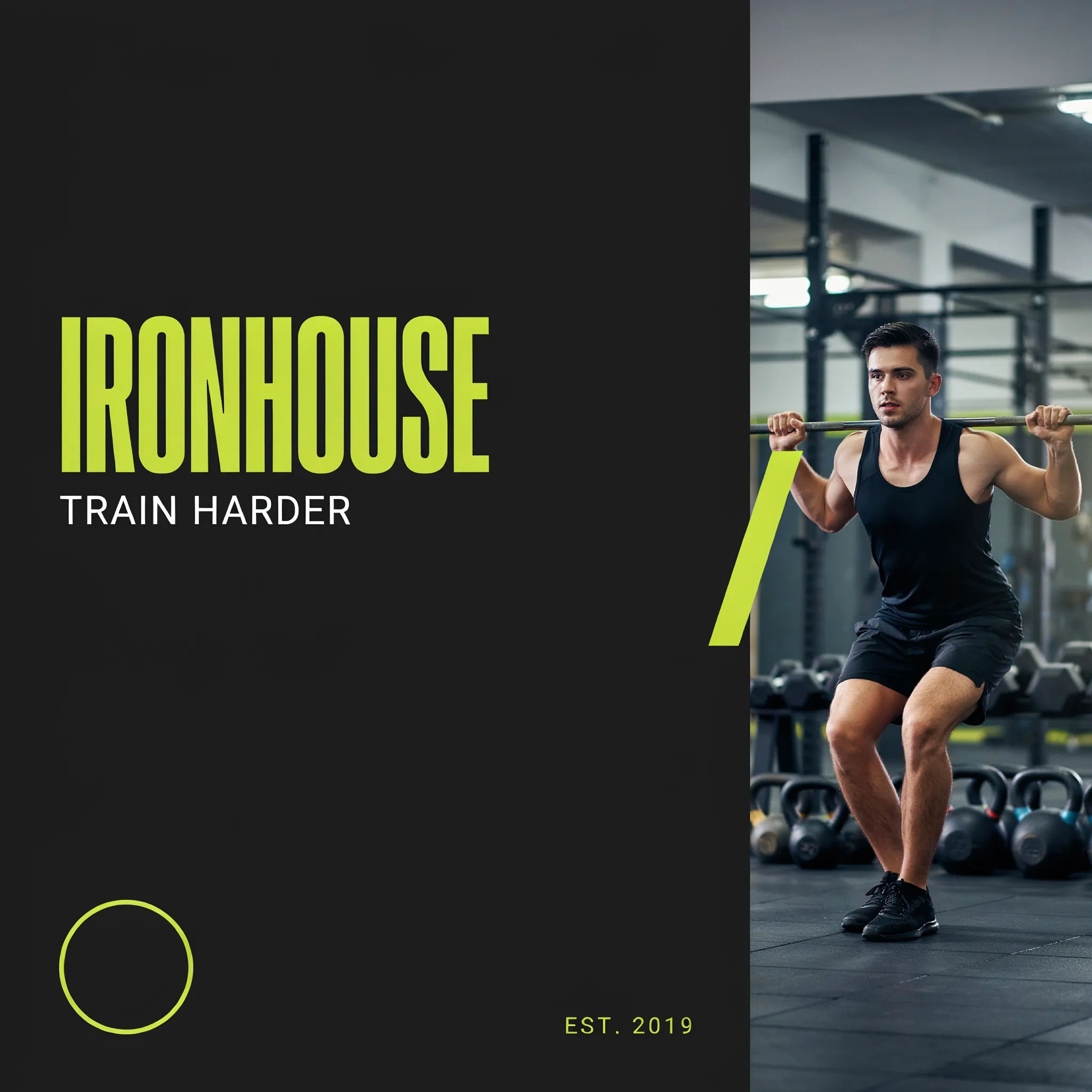 Energetic Facebook cover for a fitness studio in charcoal and lime