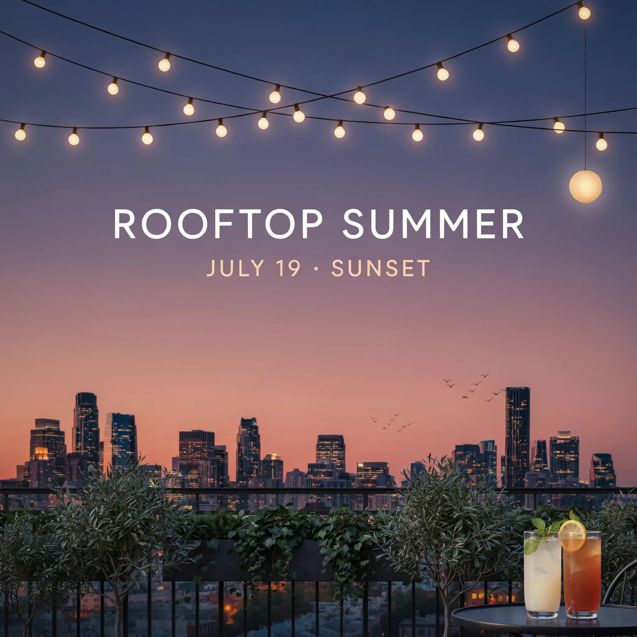 Facebook event cover for a rooftop party with a warm dusk skyline