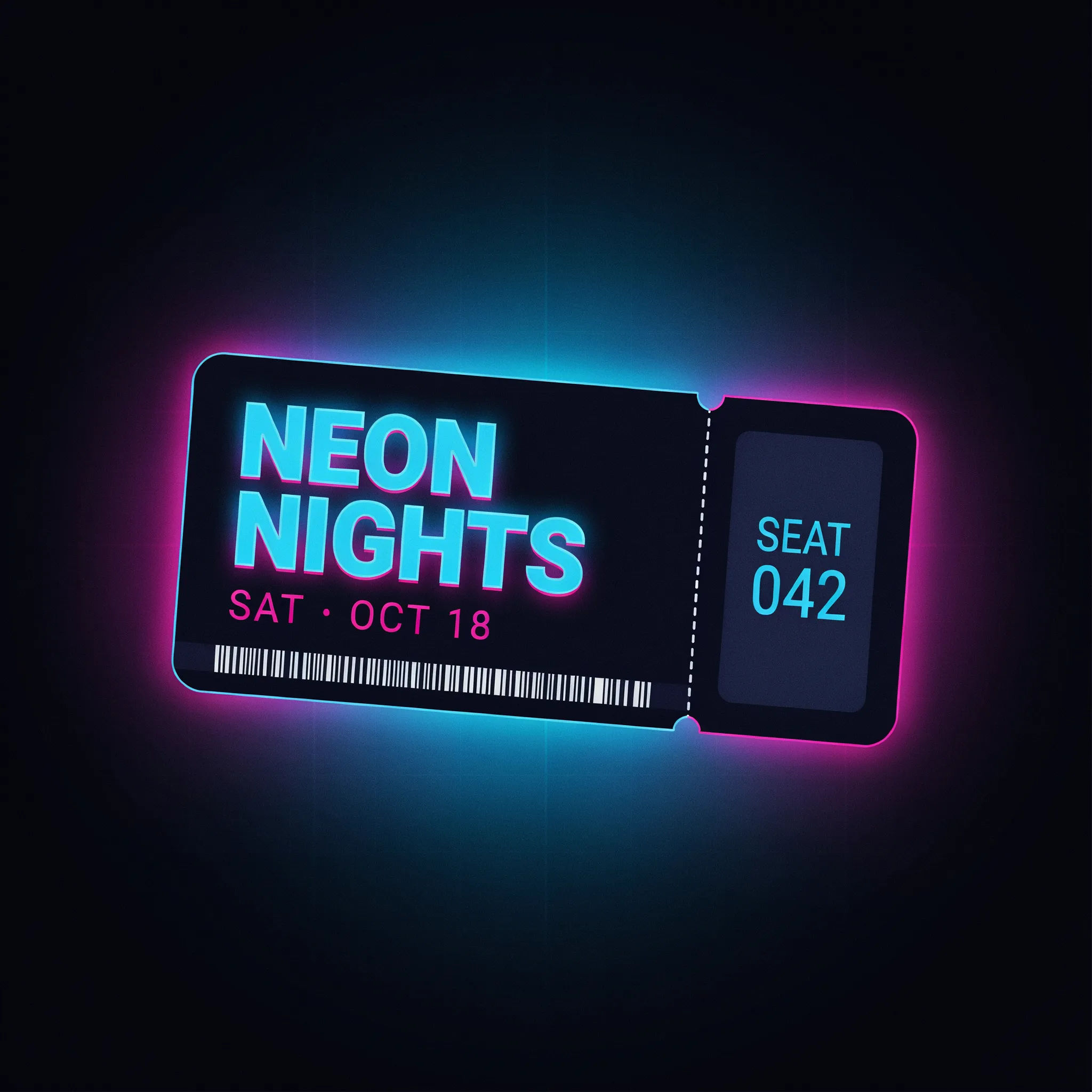 Event ticket in a neon music-night style matching the cover
