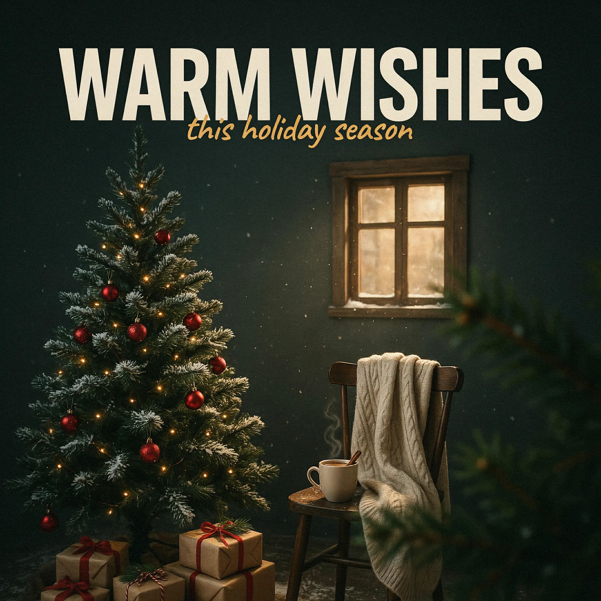 Landscape Facebook seasonal greeting post with a cozy holiday scene