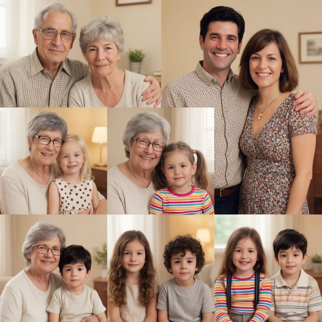 Family collage grouped into three generational rows