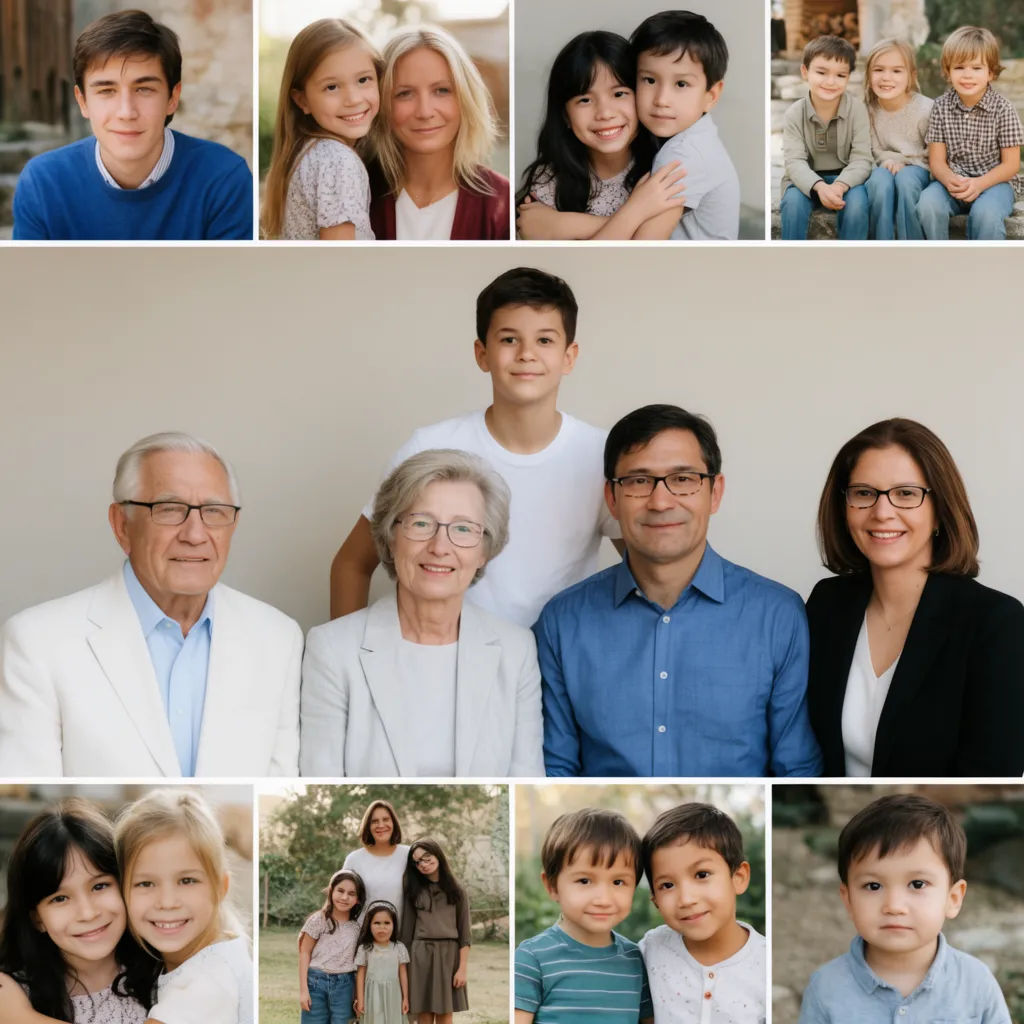 Family collage with a central group portrait and candids around it