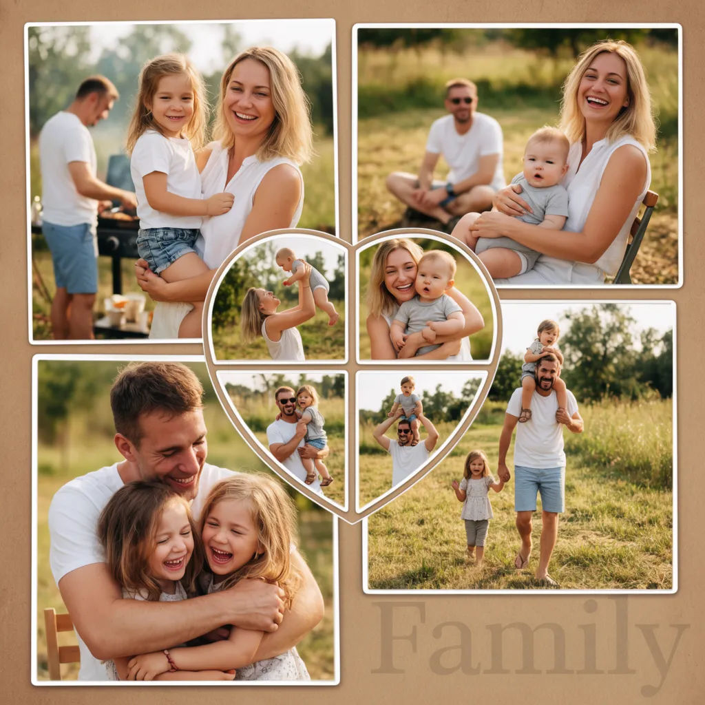 Card-shaped family reunion collage with a heart of frames