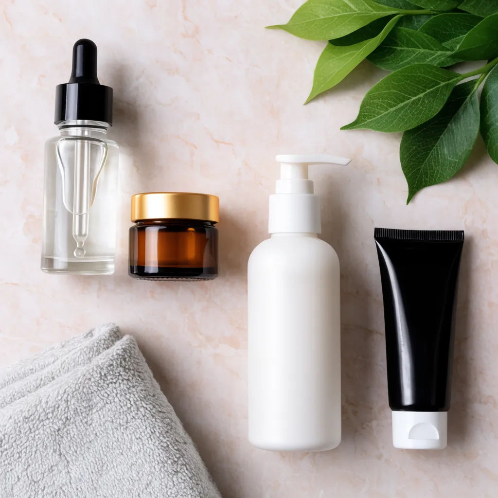 Overhead skincare flat lay on pale marble with leaves