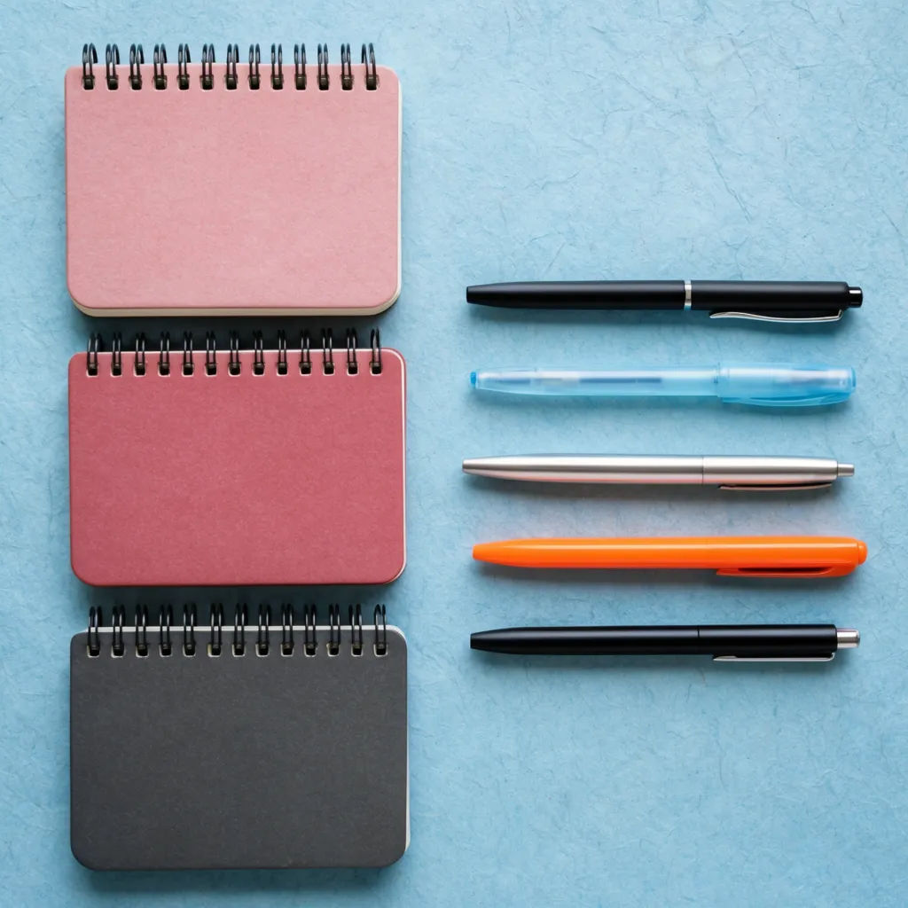 Overhead knolling grid of stationery on pastel paper