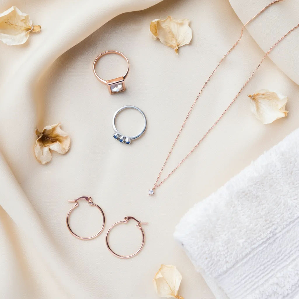 Overhead jewellery flat lay on cream silk