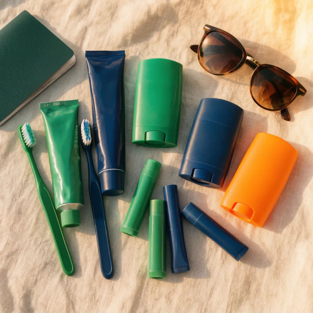 Overhead travel essentials flat lay on light linen