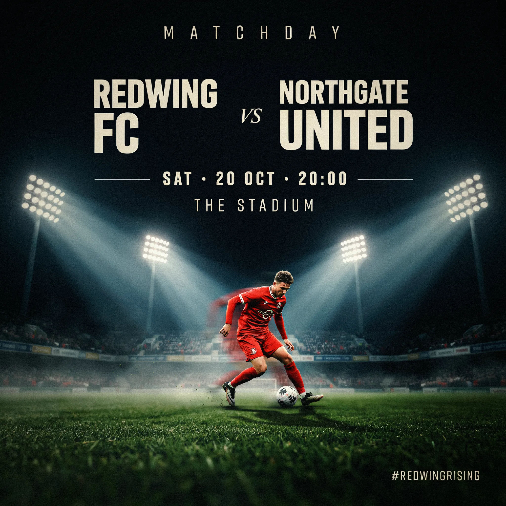 Floodlit matchday football poster with a player in a red kit