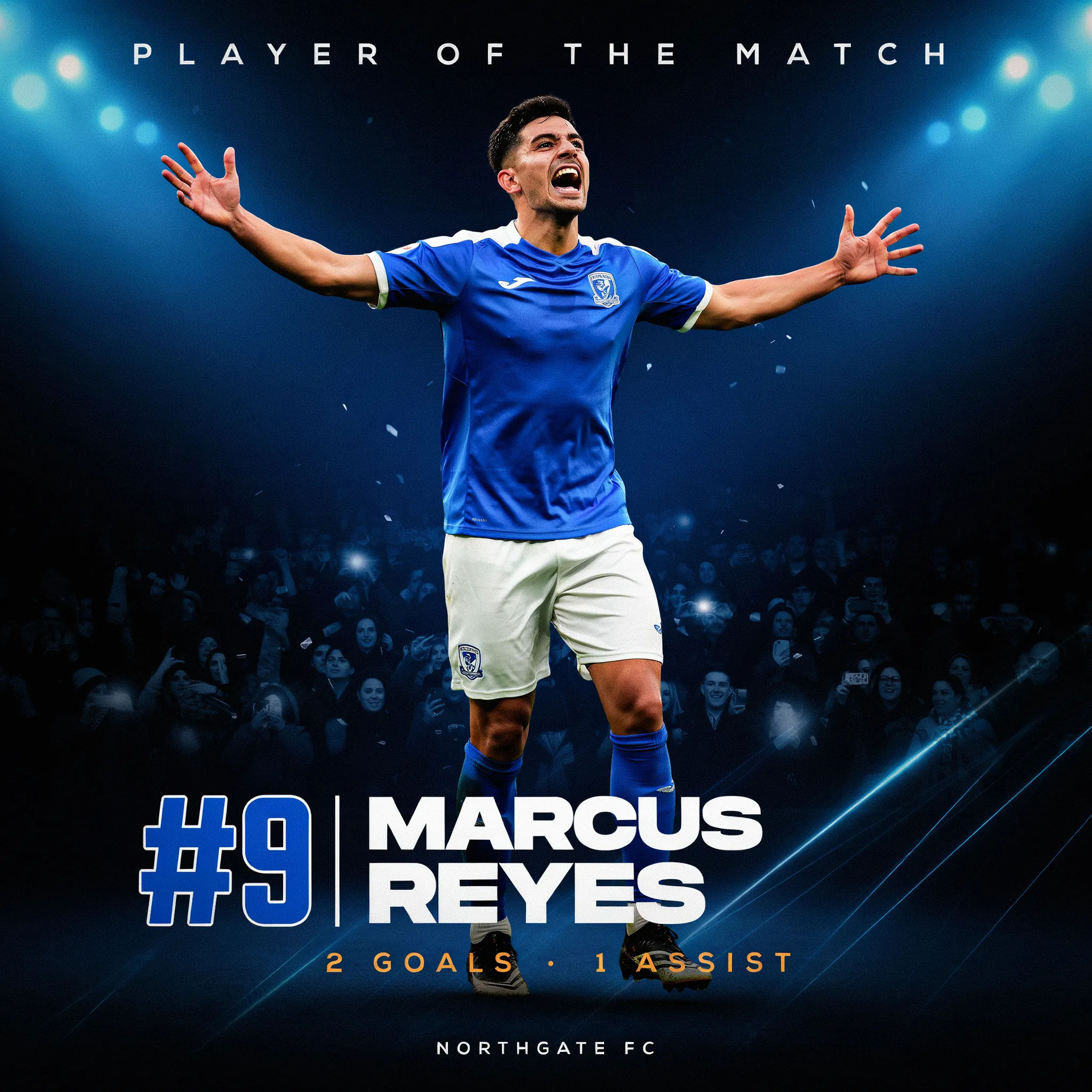 Player of the match poster with a celebrating striker in blue