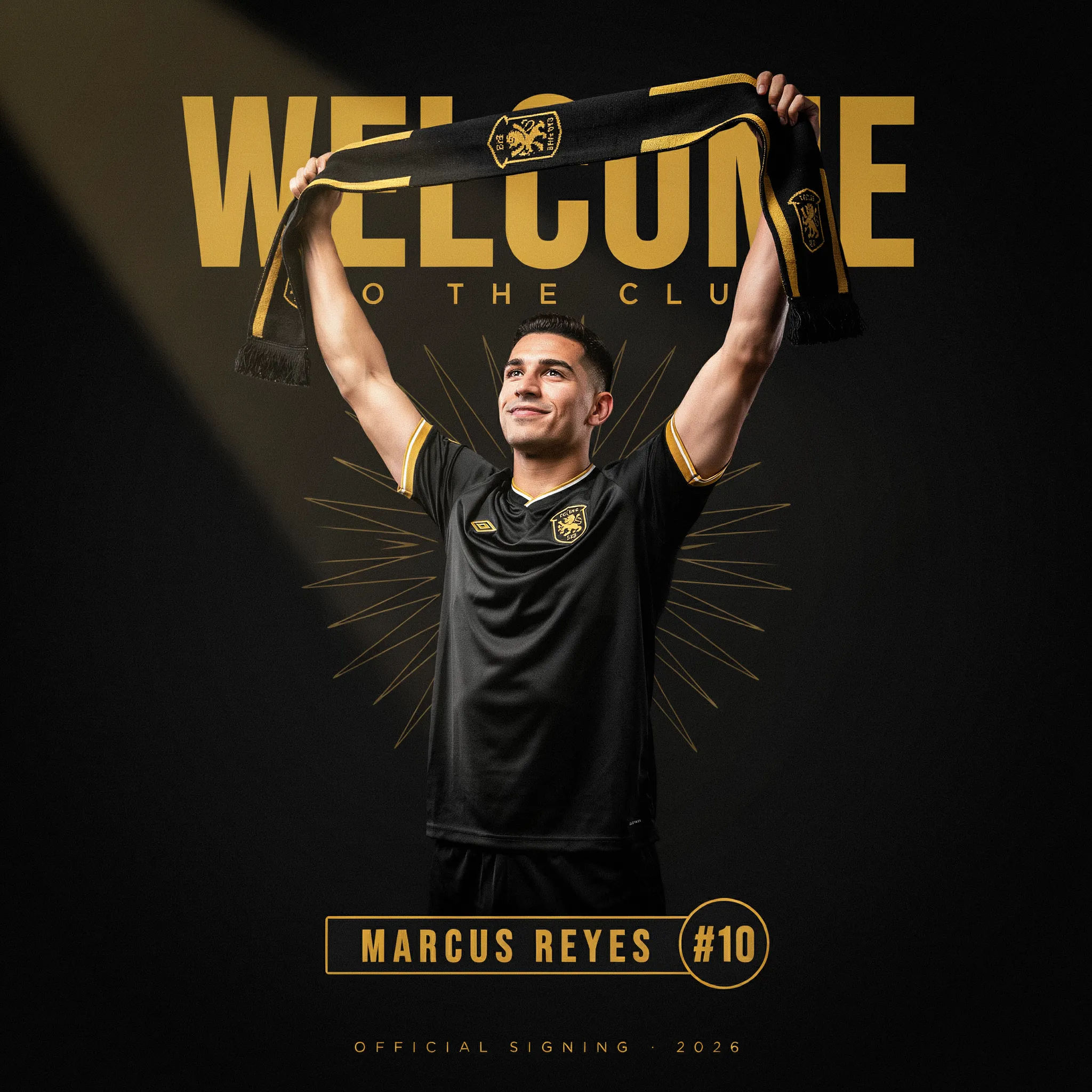 Signing reveal poster with a player holding a club scarf