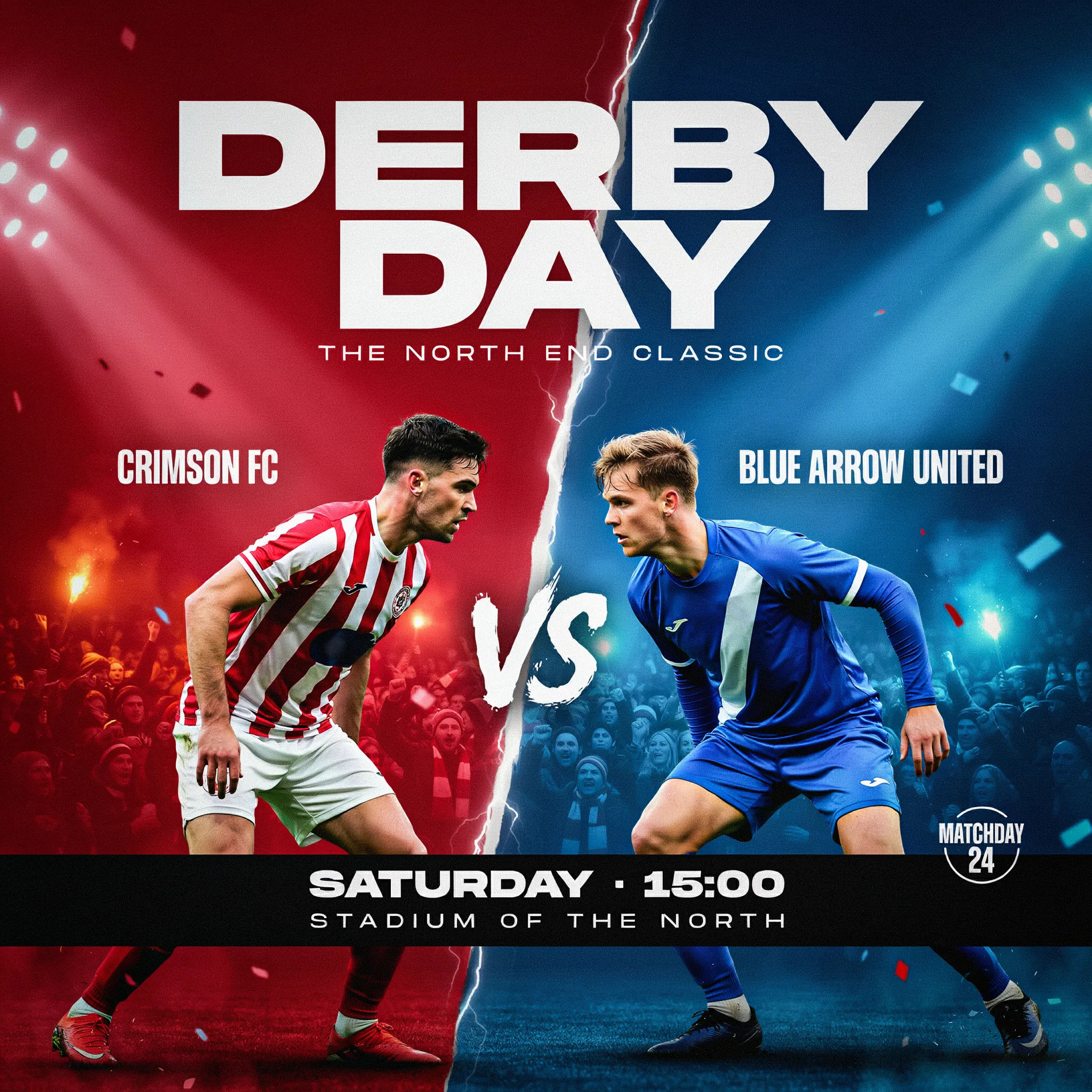 Derby day poster with two rival players facing off