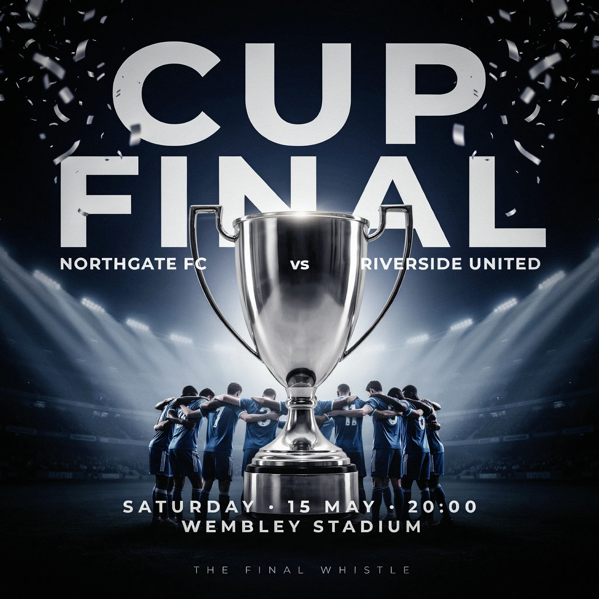 Cup final poster with a glowing trophy and confetti