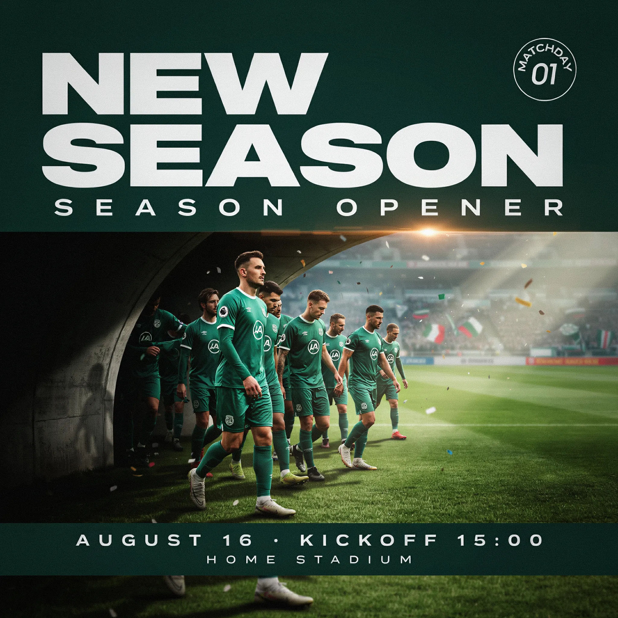 Season opener poster with a team walking out in green kits