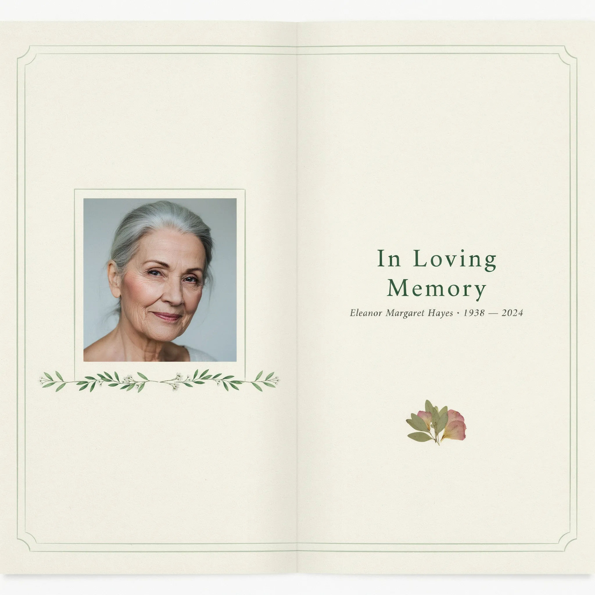 Folded funeral program cover with a framed portrait and soft sage palette