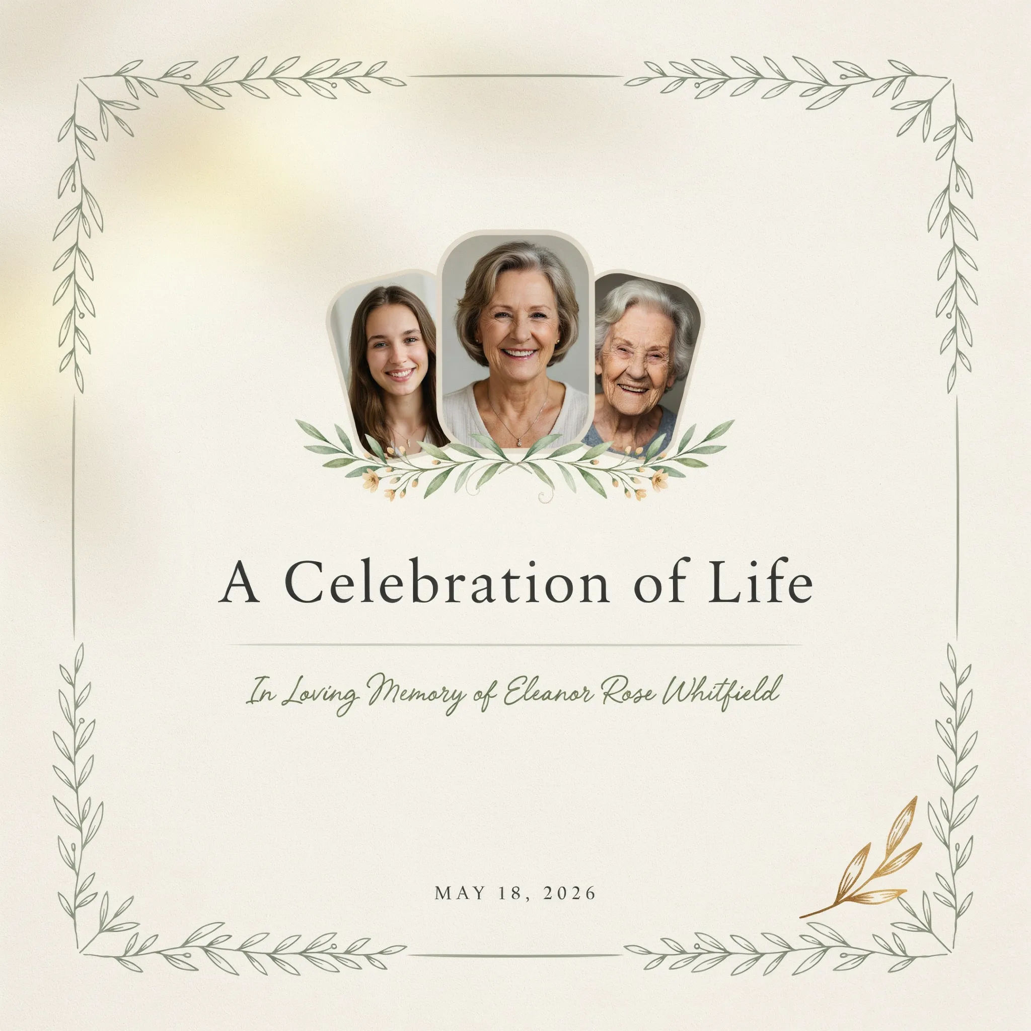 Celebration of life program cover with warm light and a photo collage