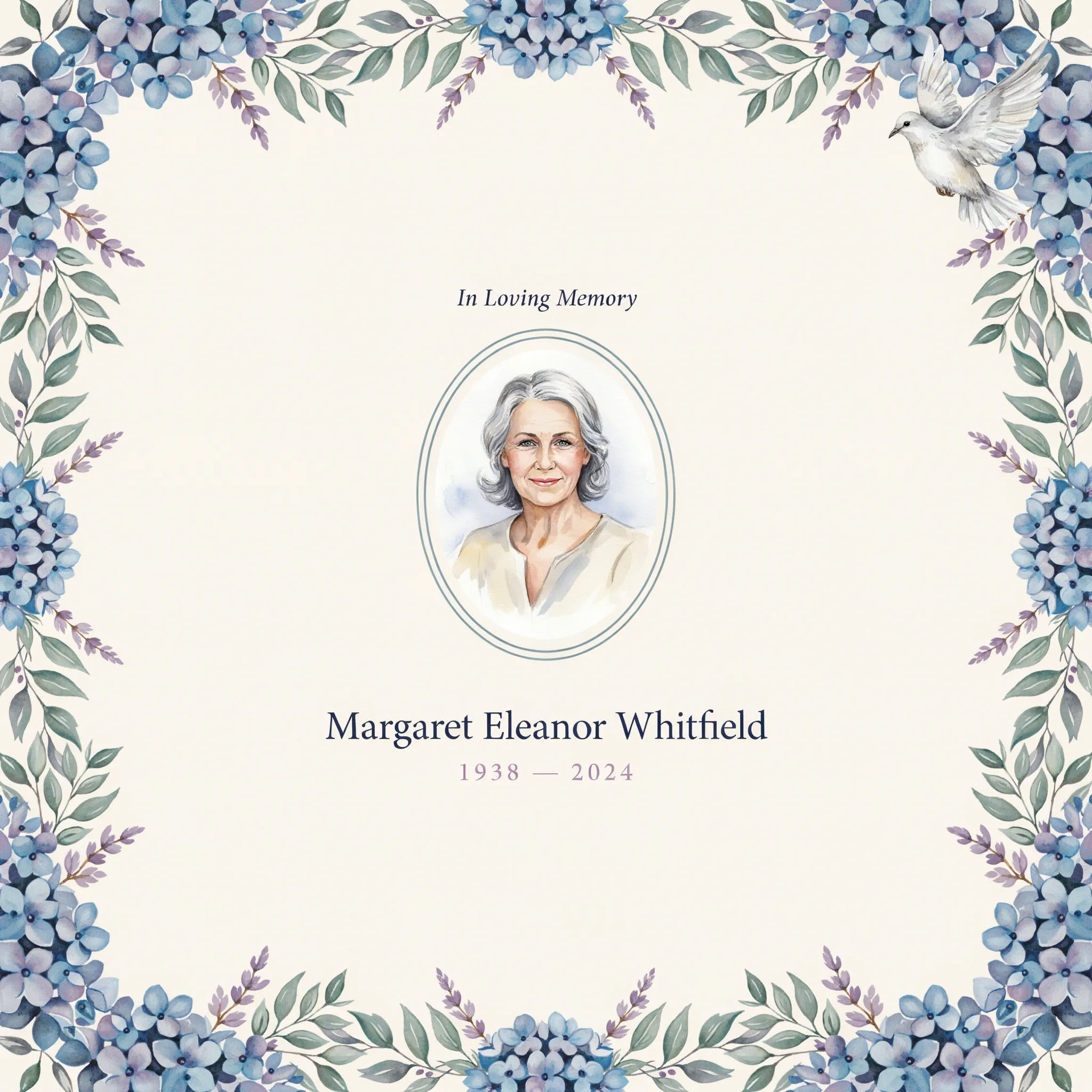 Memorial program cover with a soft watercolor floral border in dusty blue