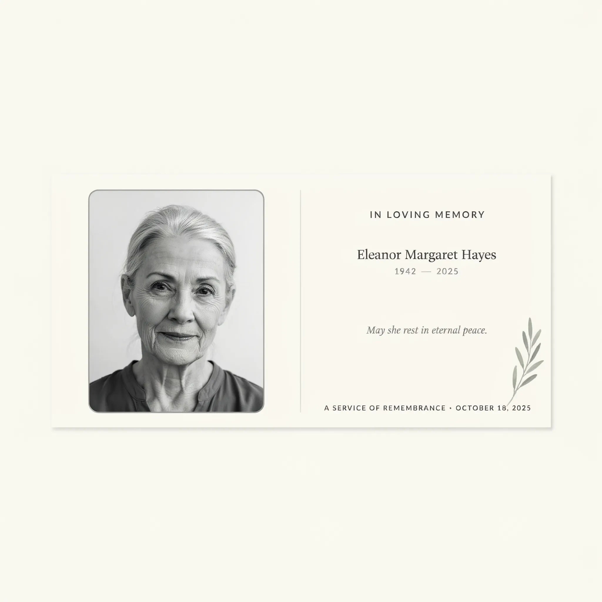 Single flat memorial card with a portrait and a short prayer