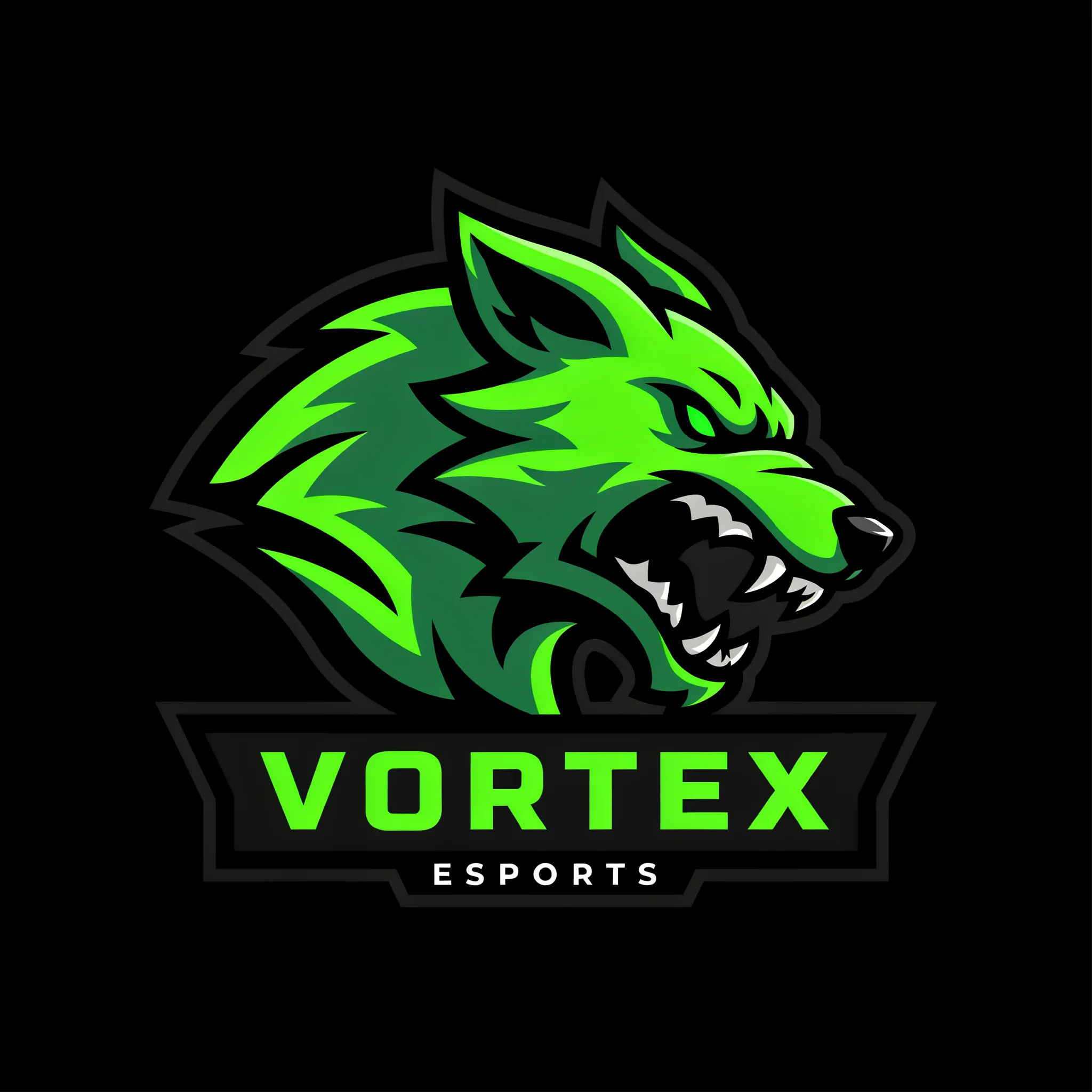 Esports wolf mascot logo in neon green and black with a bold angular style