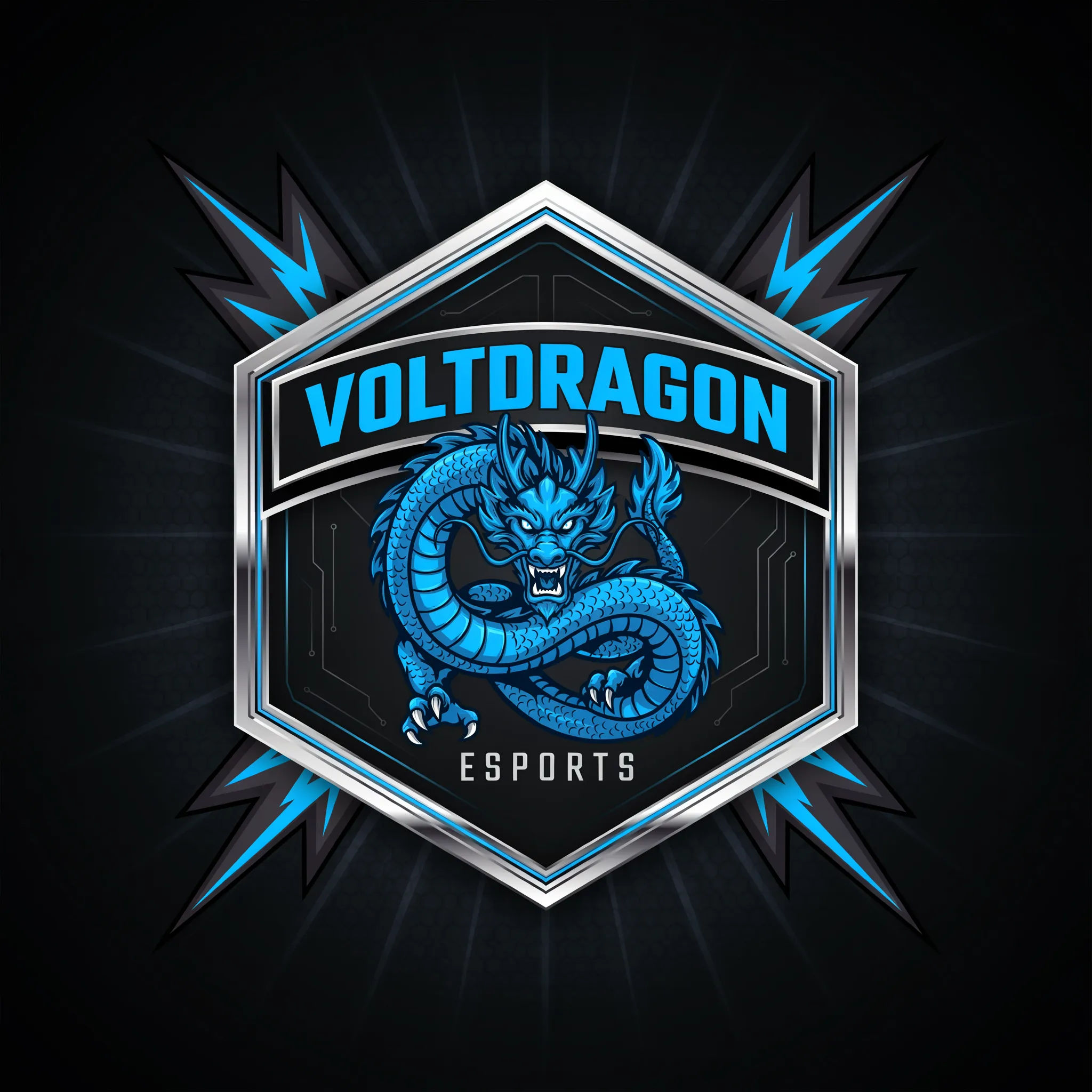 Gaming team emblem with a coiled dragon in a metallic shield in electric blue