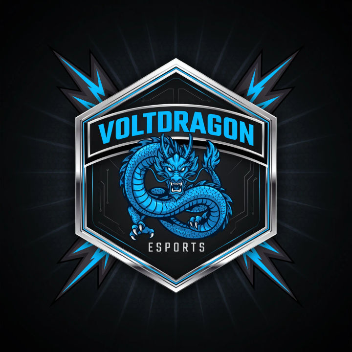 Emblema de time gamer com dragão enrolado em escudo metálico azul elétrico