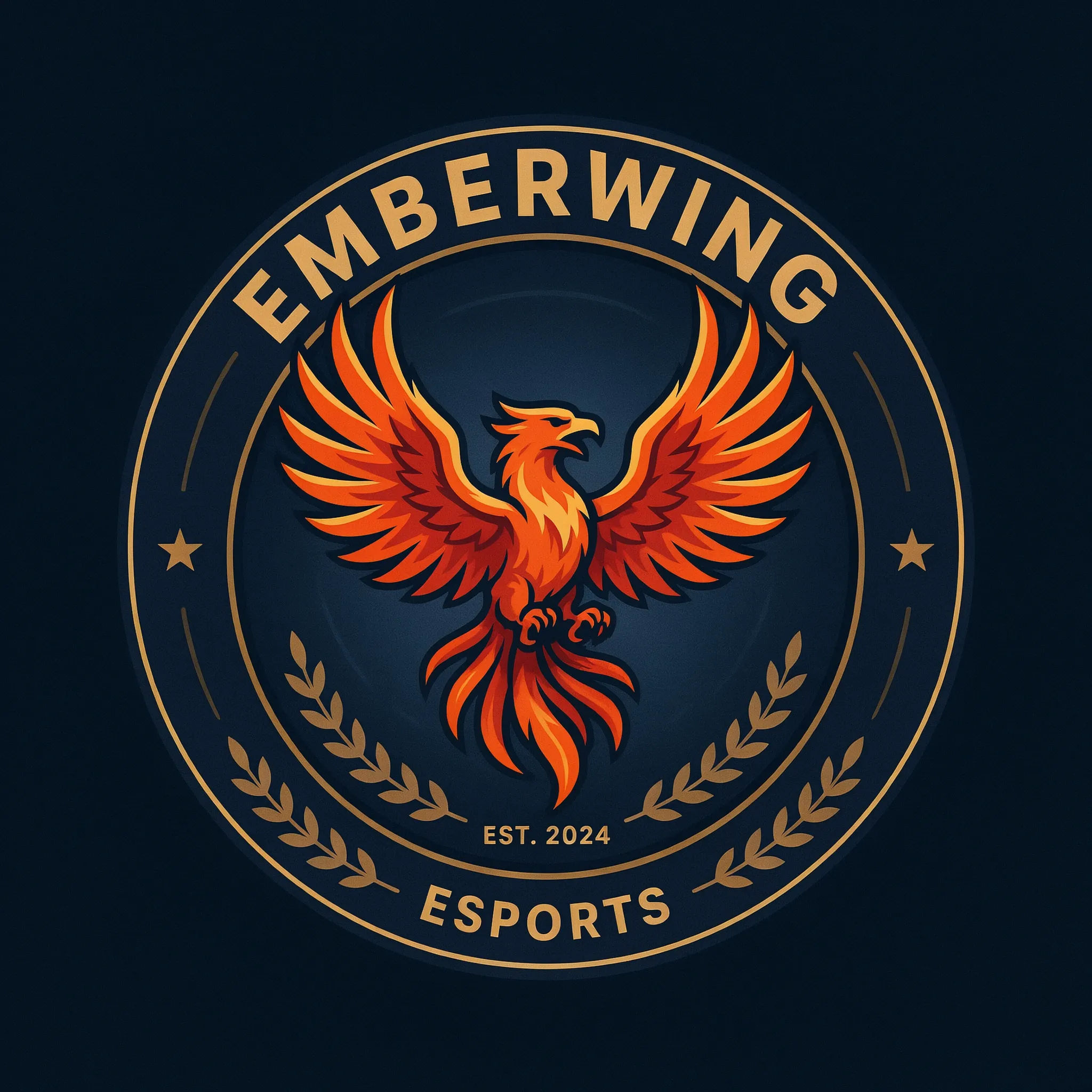 Esports phoenix badge with a rising bird in orange and gold on navy