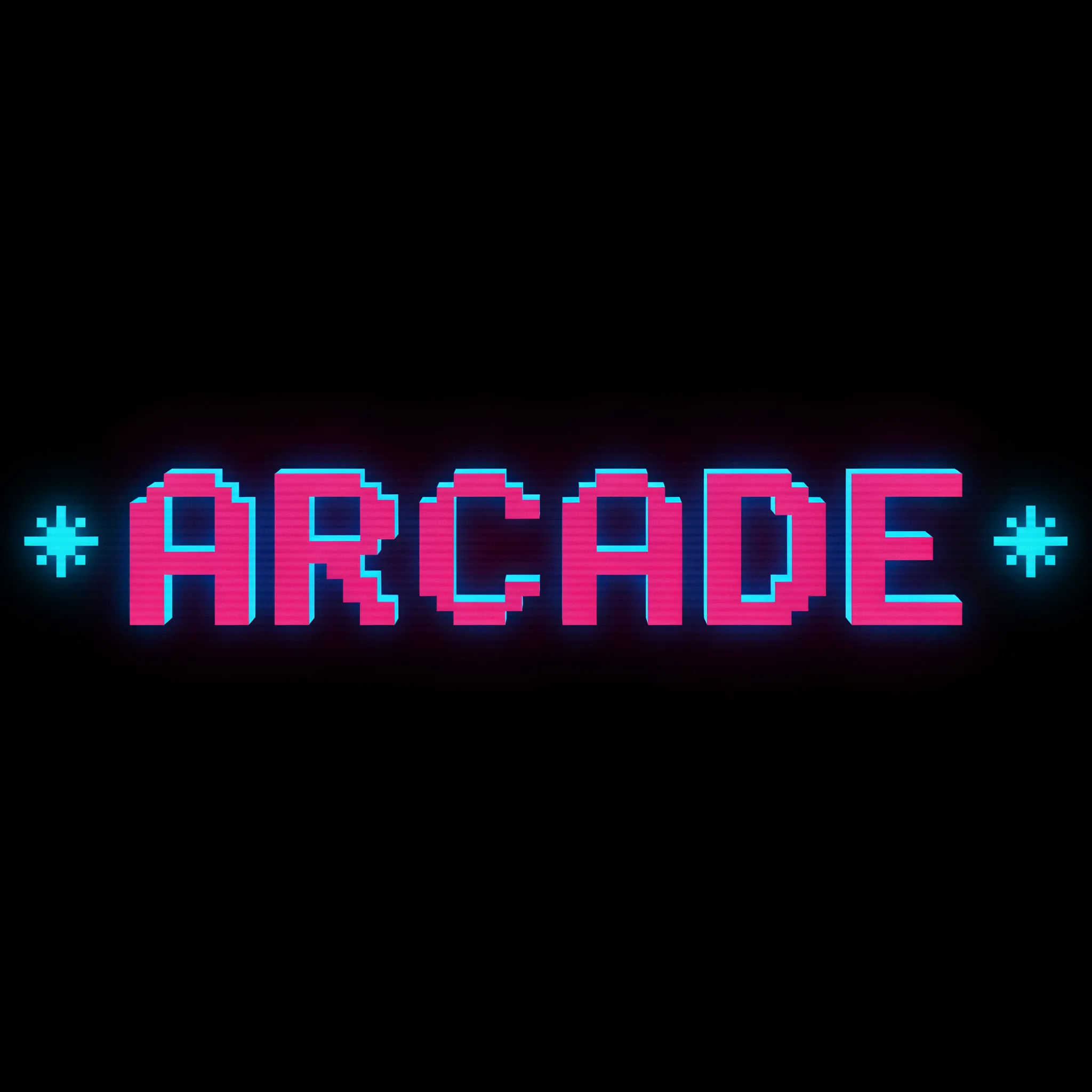 Retro arcade gaming wordmark in chunky pixel letters with magenta and cyan glow
