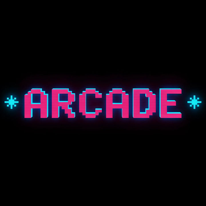 Wordmark gamer de arcade retrô em letras de pixel com brilho magenta e ciano