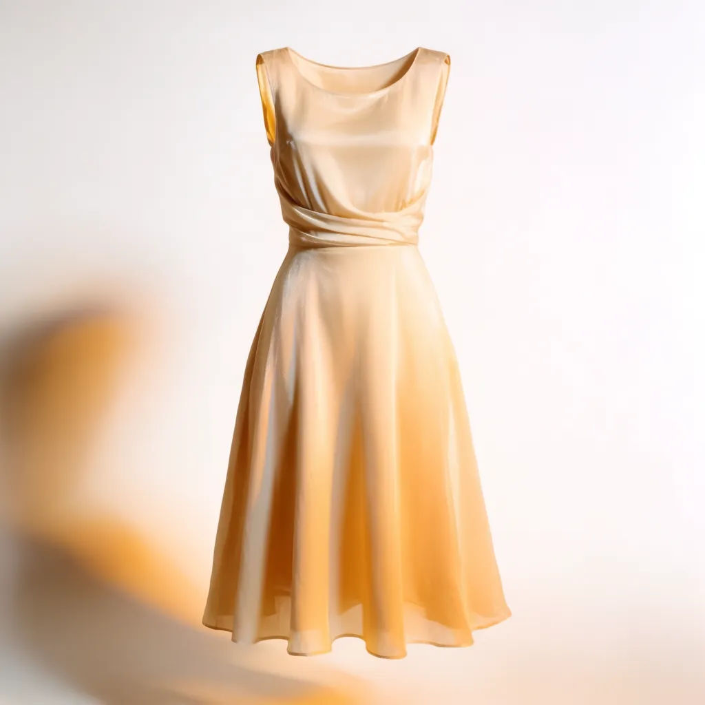Dress floating on a clean white backdrop with mannequin removed