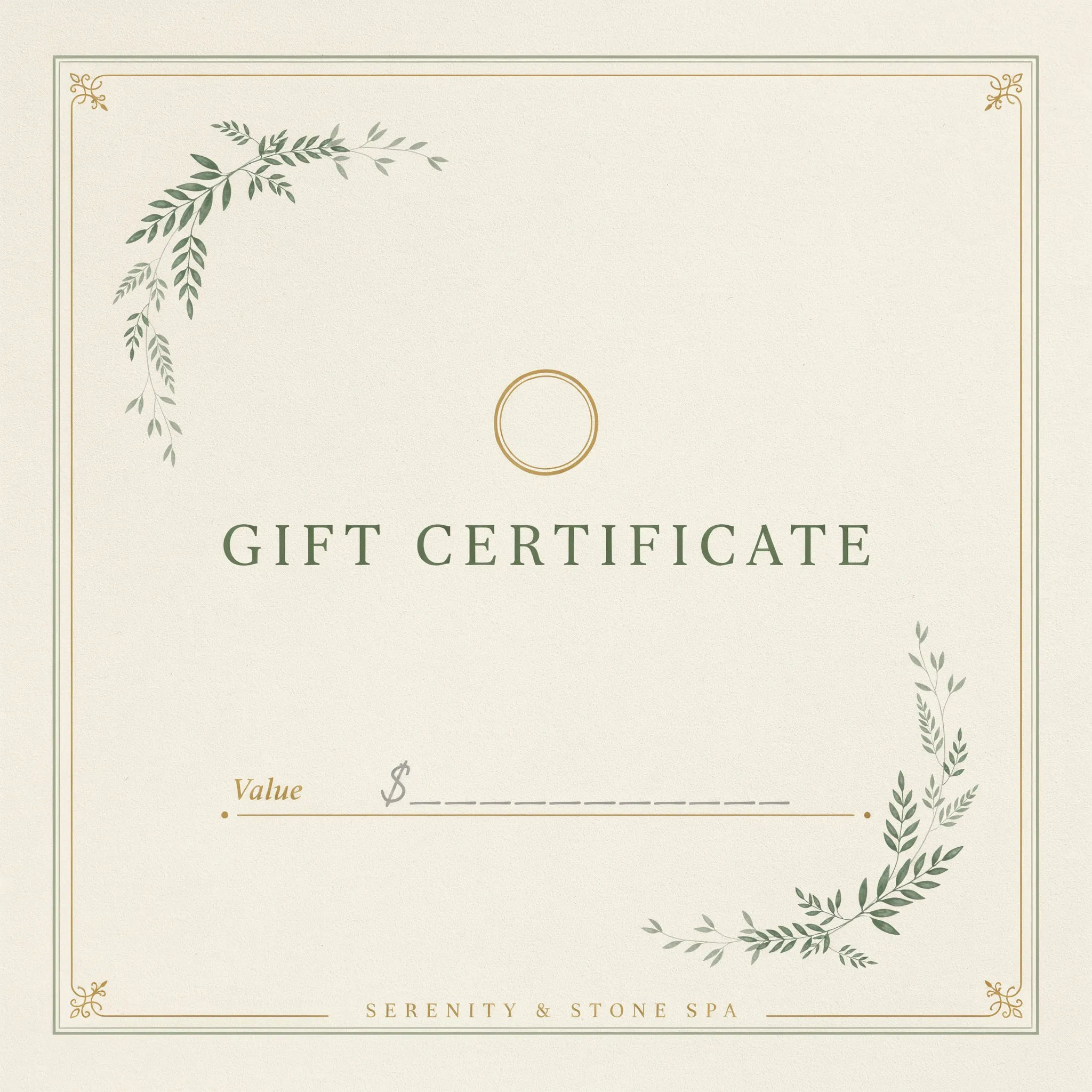 Elegant spa gift certificate in sage and gold with a value field
