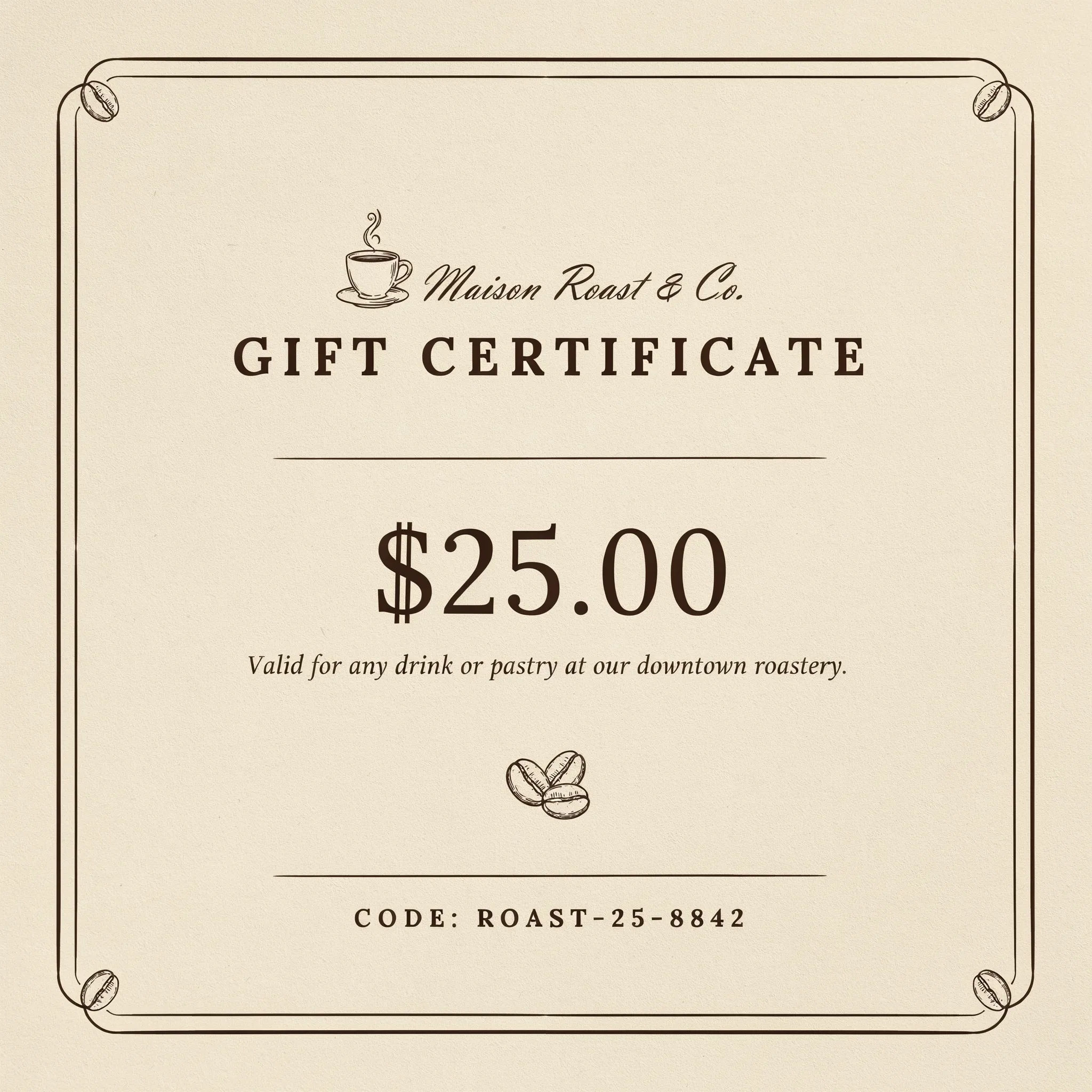 Warm cafe gift certificate with coffee cup illustration in cream and brown