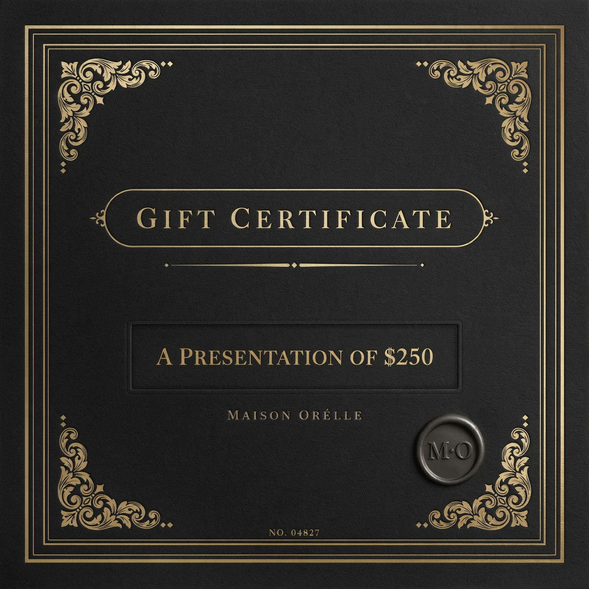 Luxury gift certificate in charcoal and gold with ornate flourishes