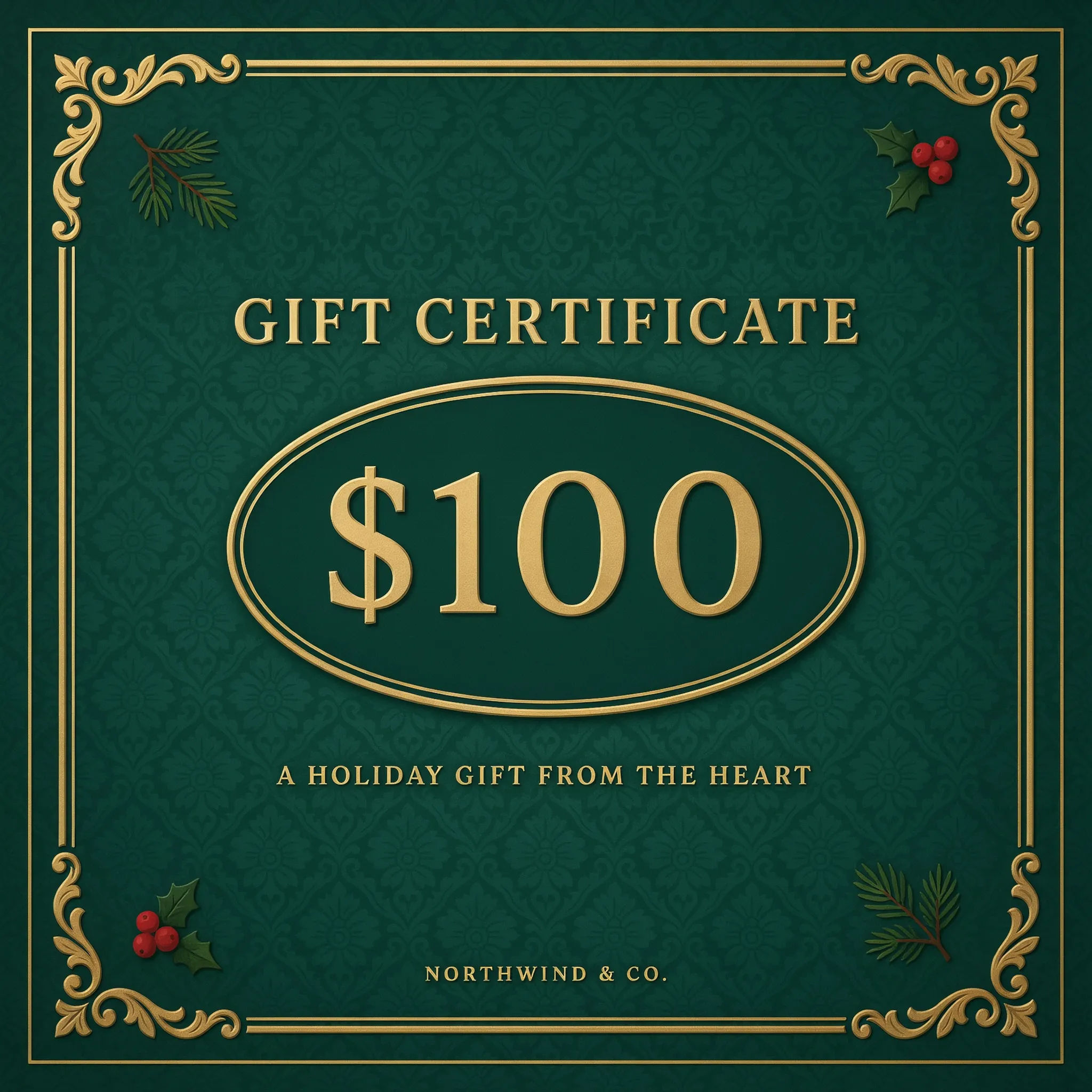Holiday gift certificate in green and gold with pine and berry accents
